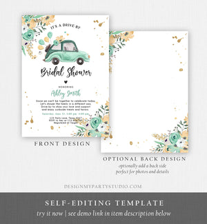 Editable Drive By Bridal Shower Invitation Couples Shower Quarantine Drive Through Floral Wedding Shower Mint Green Corjl Digital 0335