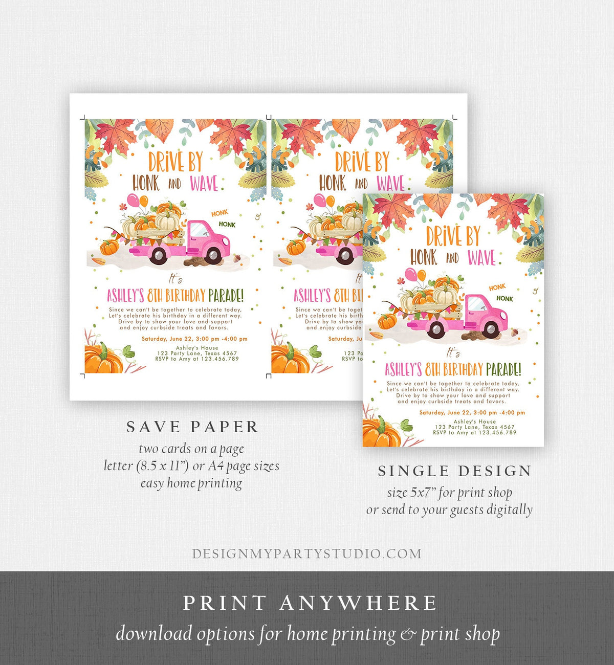 Editable Pumpkin Truck Drive By Birthday Parade Invitation Virtual Party Invite Honk Car Quarantine Fall Instant Download Digital Corjl 0153