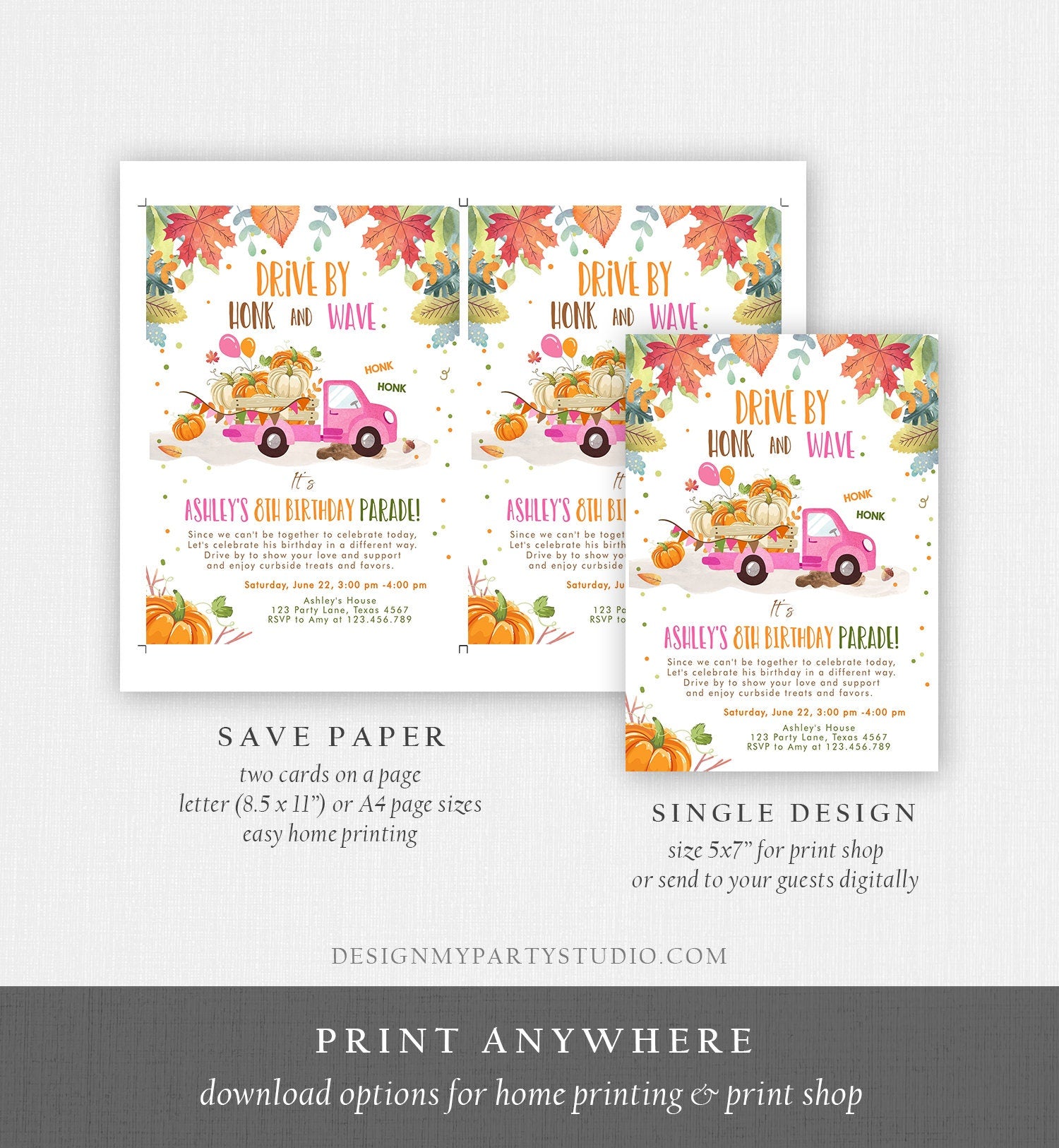 Editable Pumpkin Truck Drive By Birthday Parade Invitation Virtual Party Invite Honk Car Quarantine Fall Instant Download Digital Corjl 0153