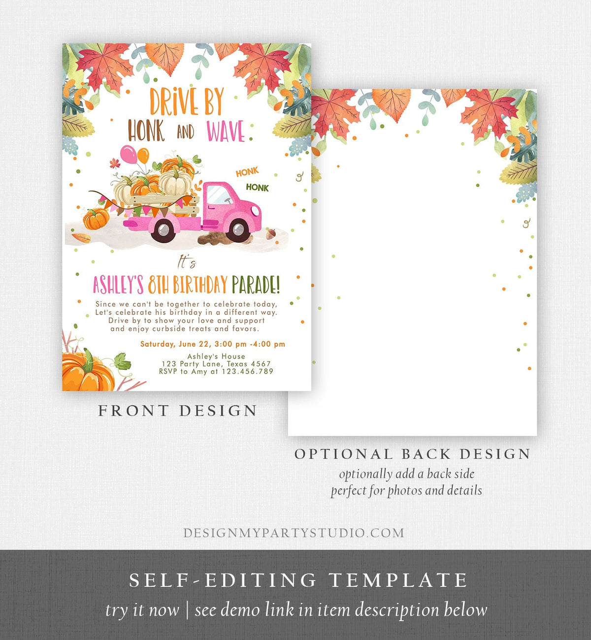 Editable Pumpkin Truck Drive By Birthday Parade Invitation Virtual Party Invite Honk Car Quarantine Fall Instant Download Digital Corjl 0153
