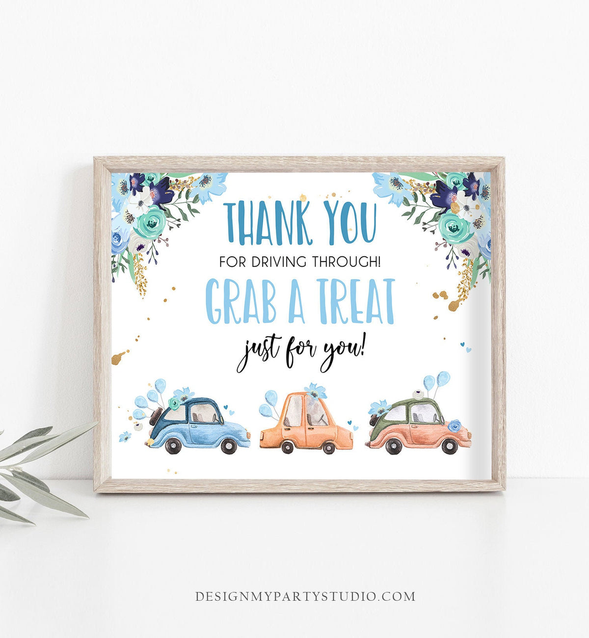 Drive By Grab a Treat Yard Sign Thank You Birthday Bridal Shower Baby Shower Parade Sign Driving Through Favor Sign Boy Blue Printable 0335