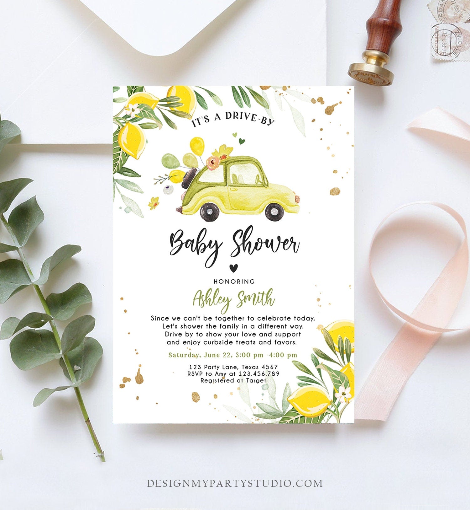 Editable Drive By Baby Shower Invitation Lemon Gender Neutral Baby Shower Drive Through Virtual Shower Lemons Template Download Corjl 0335