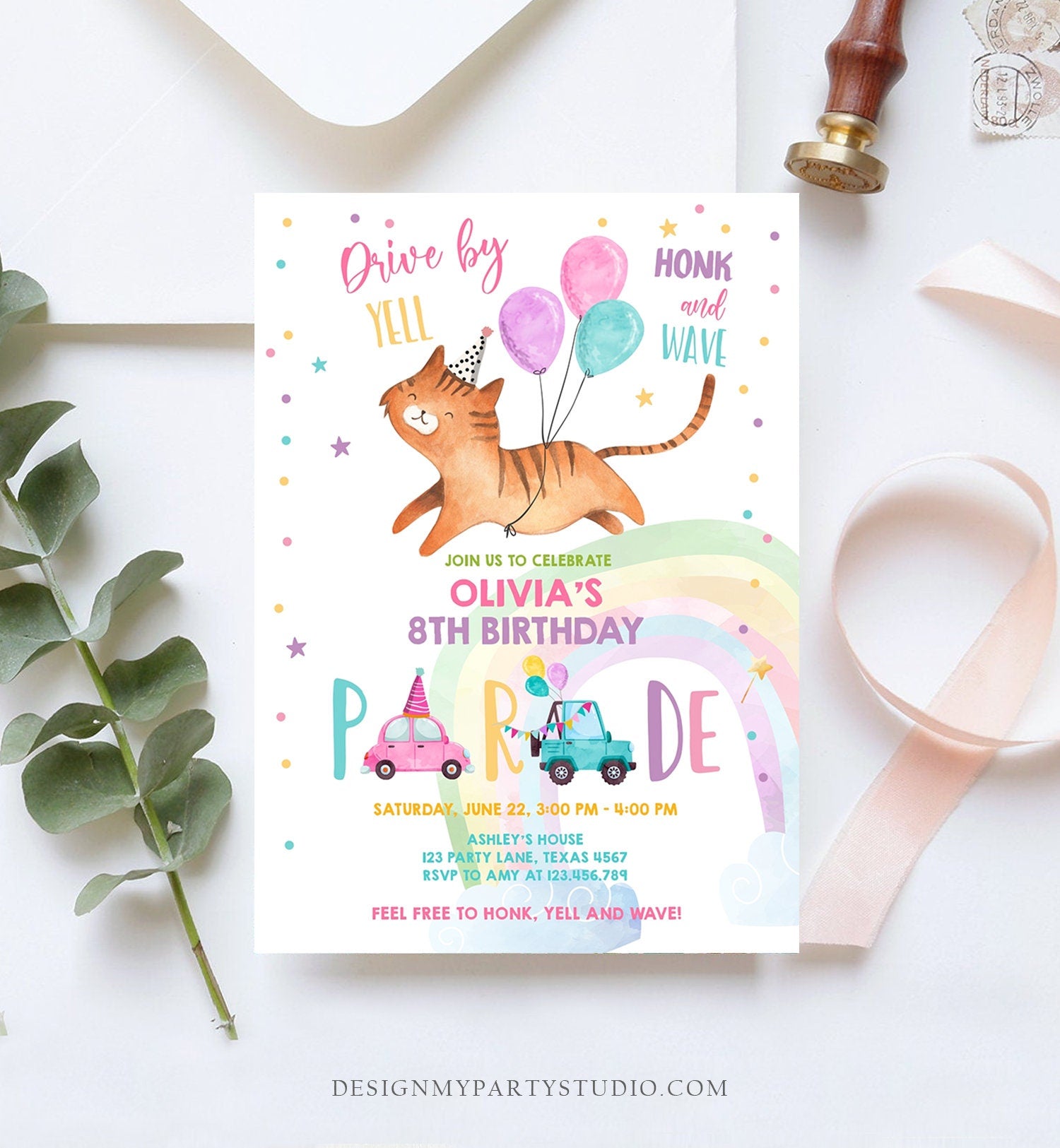 Editable Cat Drive By Birthday Parade Invitation Kitten Virtual Party Invite Honk Wave Car Girl Pink Quarantine Download Digital Corjl 0348