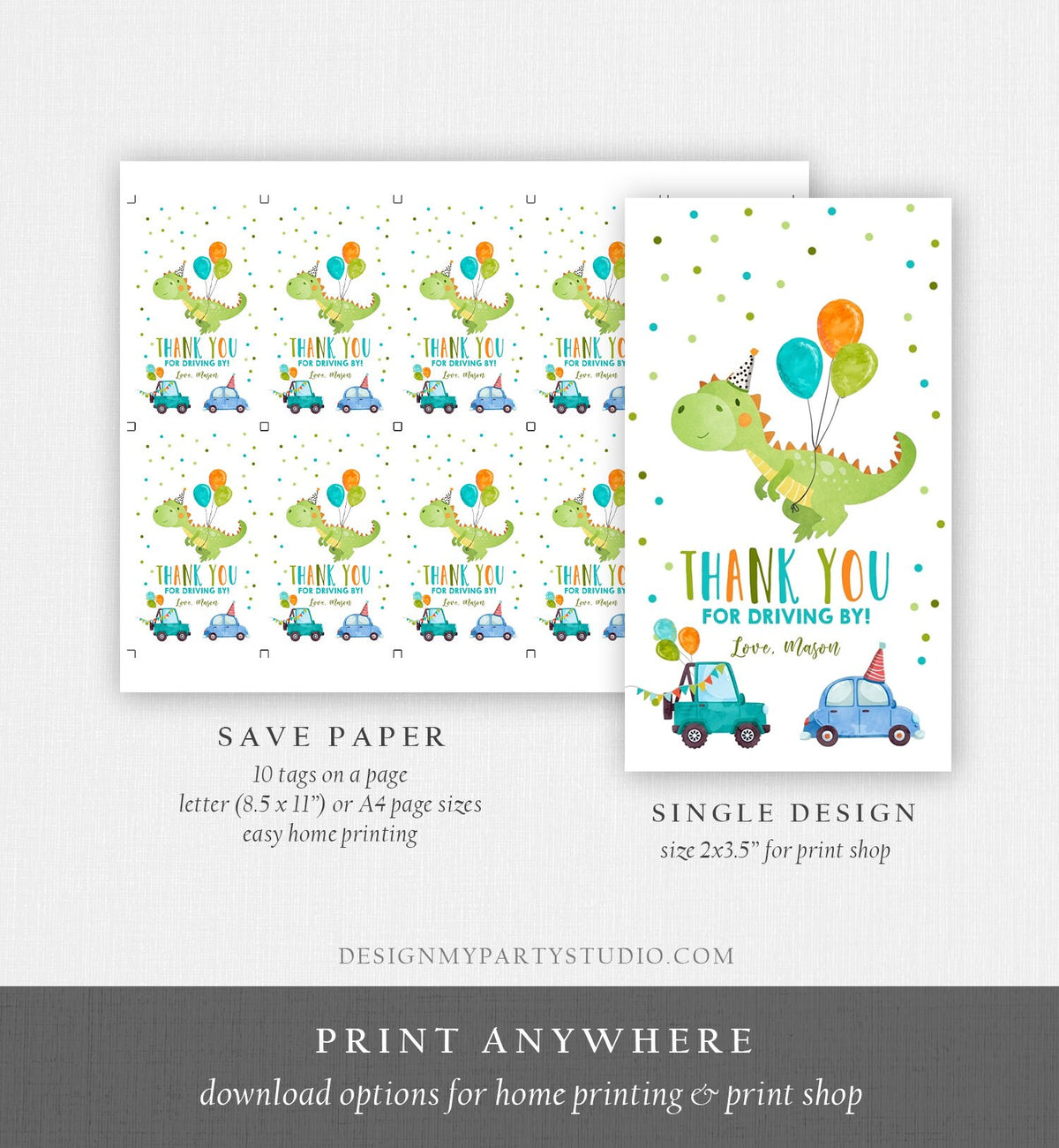 Editable Dinosaur Favor Tag Drive By Birthday Favors Party Parade Dino Boy Car Thank You Gift Tags T-Rex Corjl Template Printable 0340