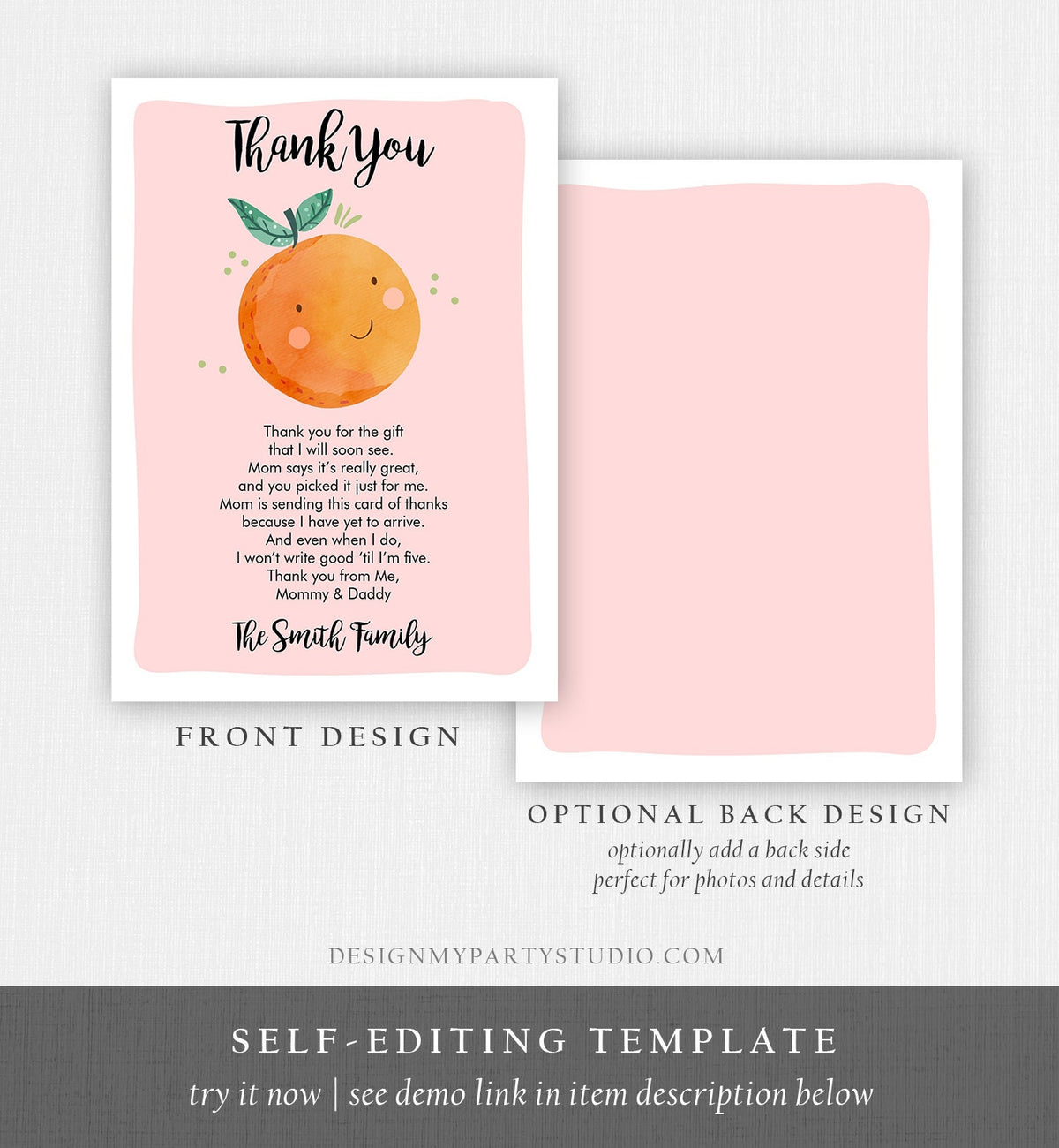 Editable A Little Cutie Thank You Card Baby Shower Clementine Orange Thank You Coed Shower Girl Pink Download Printable Corjl Template 0330