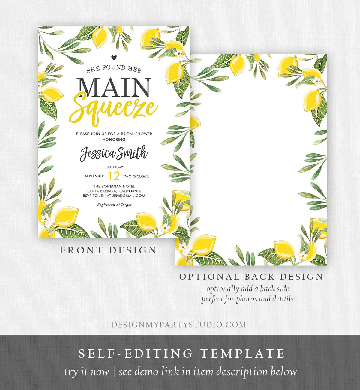 Editable Main Squeeze Bridal Shower Invitation She Found Her Lemon Citrus Rustic Wedding Greenery Lemonade Corjl Template Printable 0220