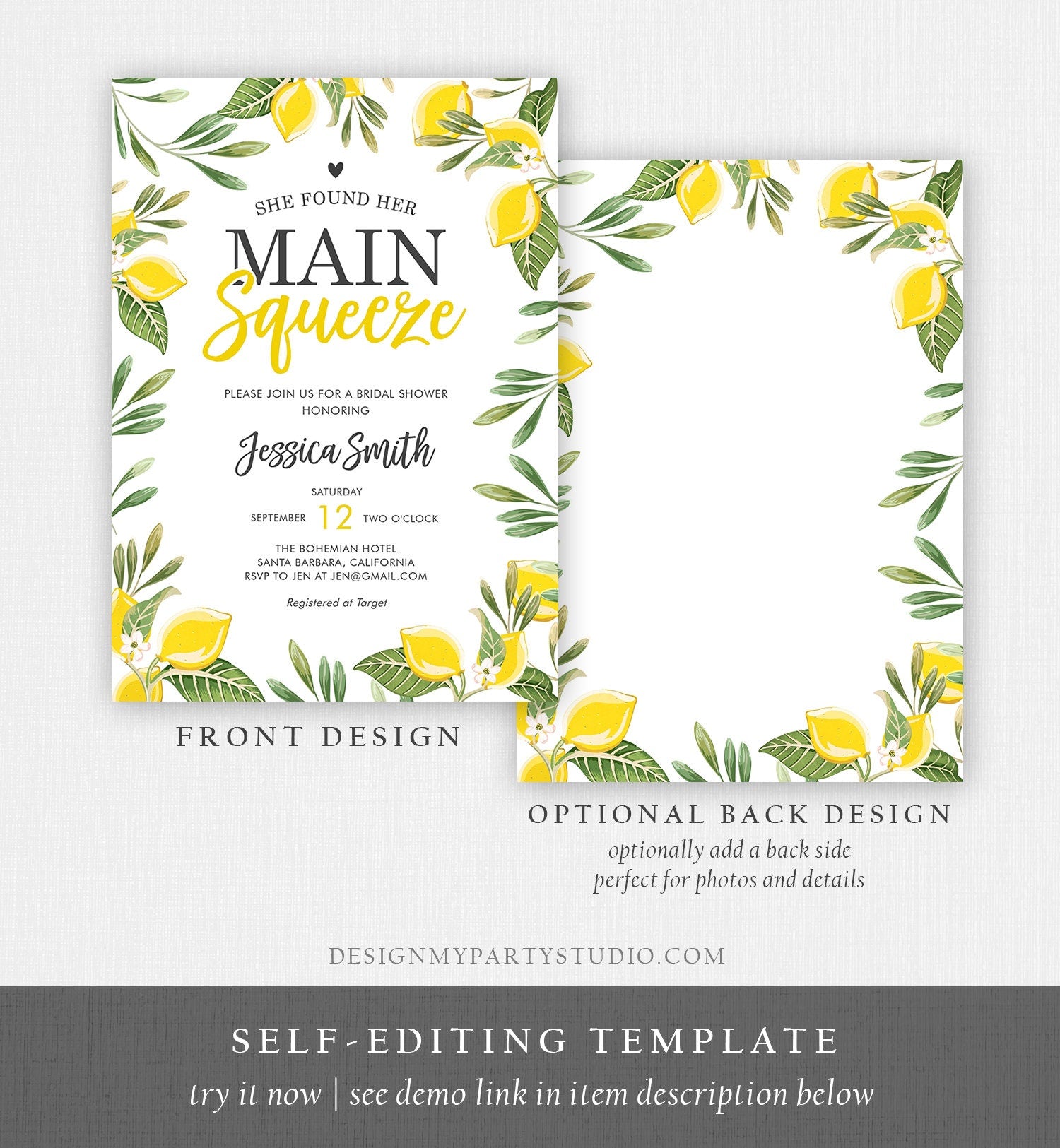 Editable Main Squeeze Bridal Shower Invitation She Found Her Lemon Citrus Rustic Wedding Greenery Lemonade Corjl Template Printable 0220