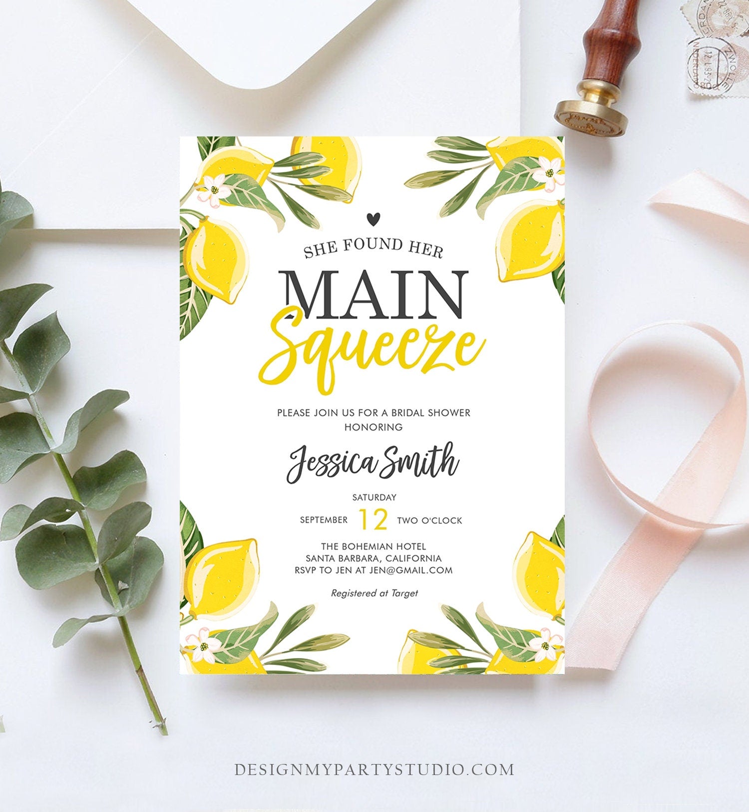 Editable Main Squeeze Bridal Shower Invitation She Found Her Lemon Citrus Rustic Wedding Greenery Lemonade Corjl Template Printable 0220