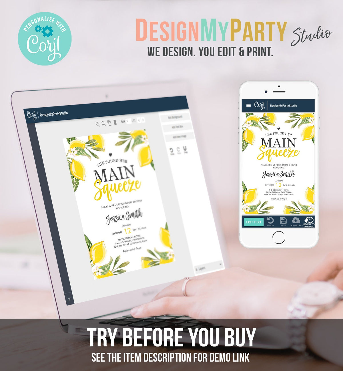 Editable Main Squeeze Bridal Shower Invitation She Found Her Lemon Citrus Rustic Wedding Greenery Lemonade Corjl Template Printable 0220