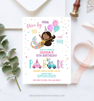 Editable Mermaid Drive By Birthday Parade Invitation Virtual Party Invite Honk Wave Car African American Girl Pink Gold Corjl Template 0338