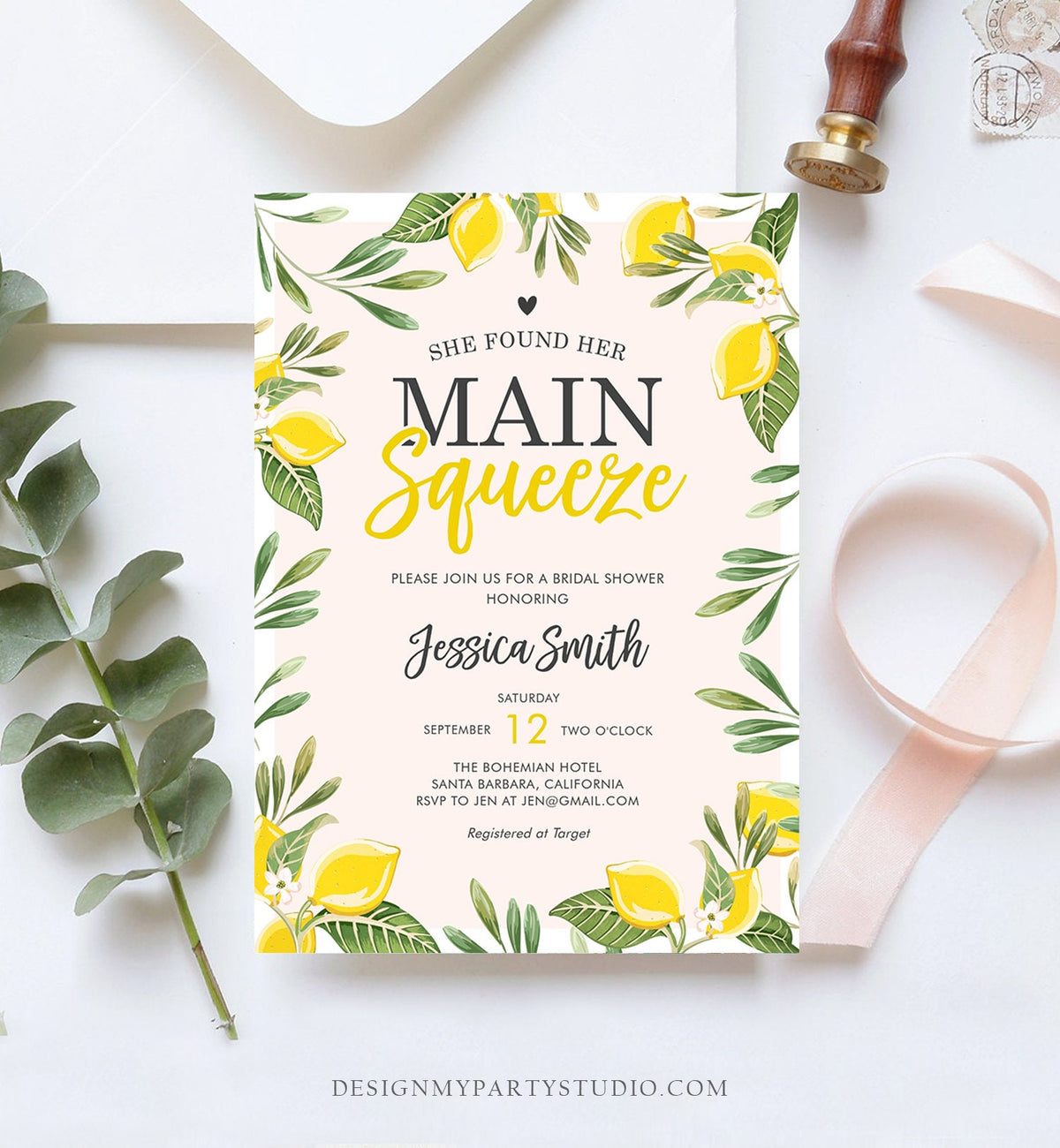 Editable Main Squeeze Bridal Shower Invitation She Found Her Lemon Citrus Rustic Wedding Greenery Lemonade Corjl Template Printable 0220