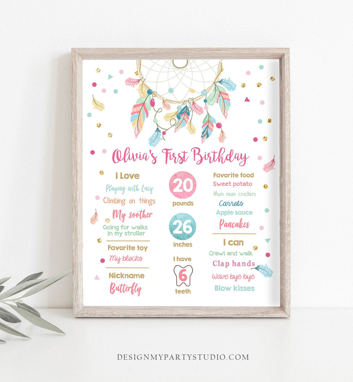 Editable Dream Catcher Birthday Milestones Sign Boho Tribal Dreamcatcher First Birthday 1st Birthday Girl Pink Gold Template Printable 0062
