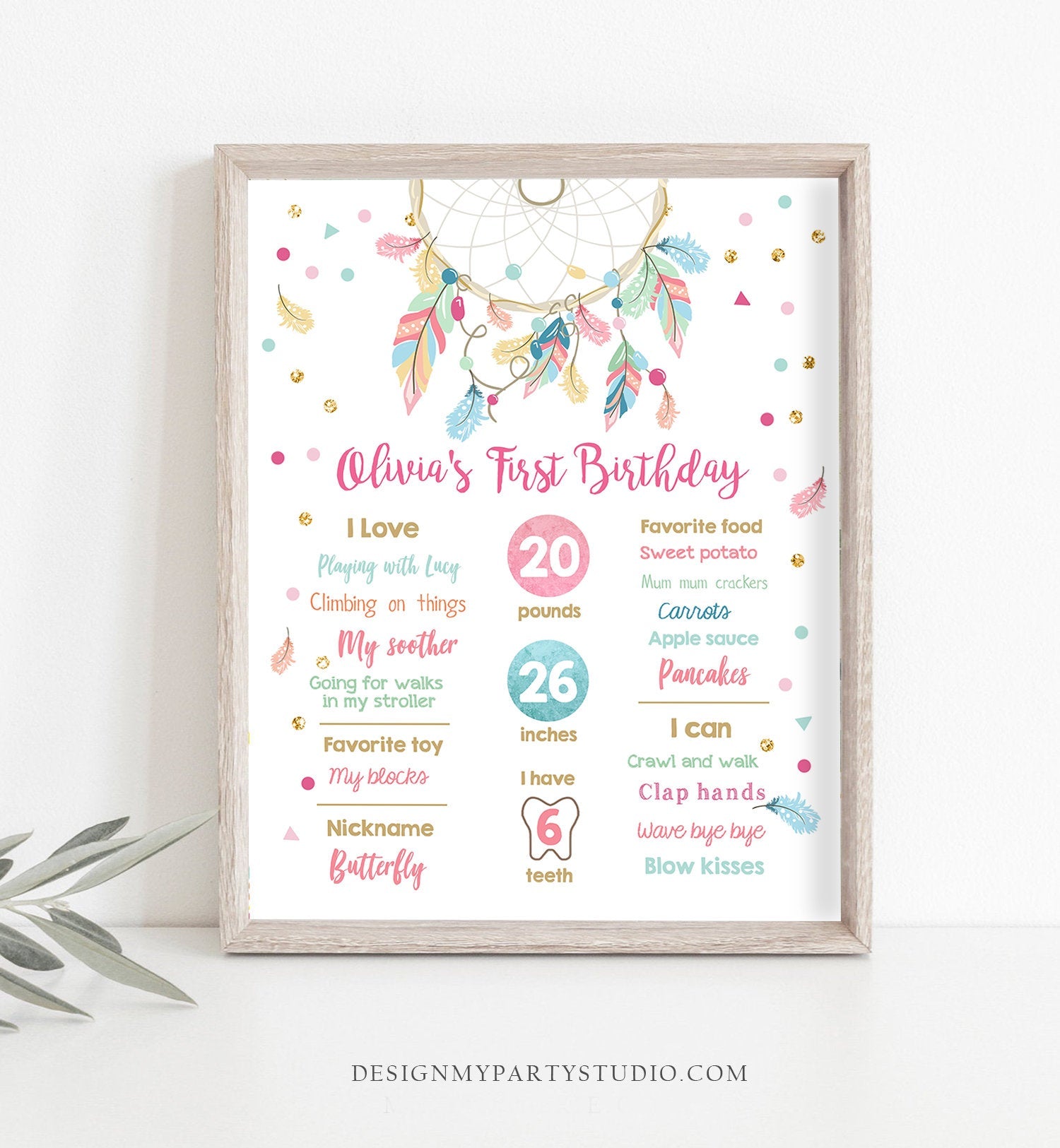 Editable Dream Catcher Birthday Milestones Sign Boho Tribal Dreamcatcher First Birthday 1st Birthday Girl Pink Gold Template Printable 0062