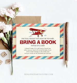 Editable Airplane Bring a Book Card Baby Shower Sprinkle Book Insert Books for Baby Book Request Vintage Red Plane Corjl Template 0011