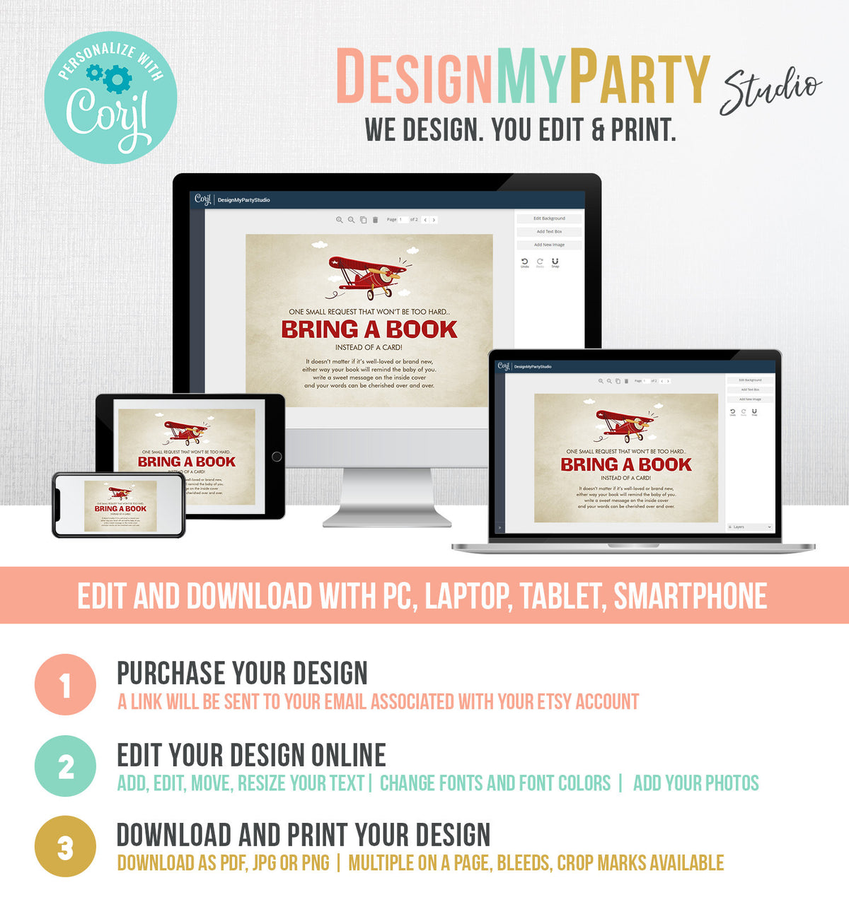 Editable Airplane Bring a Book Card Baby Shower Sprinkle Book Insert Books for Baby Book Request Vintage Red Plane Corjl Template 0011