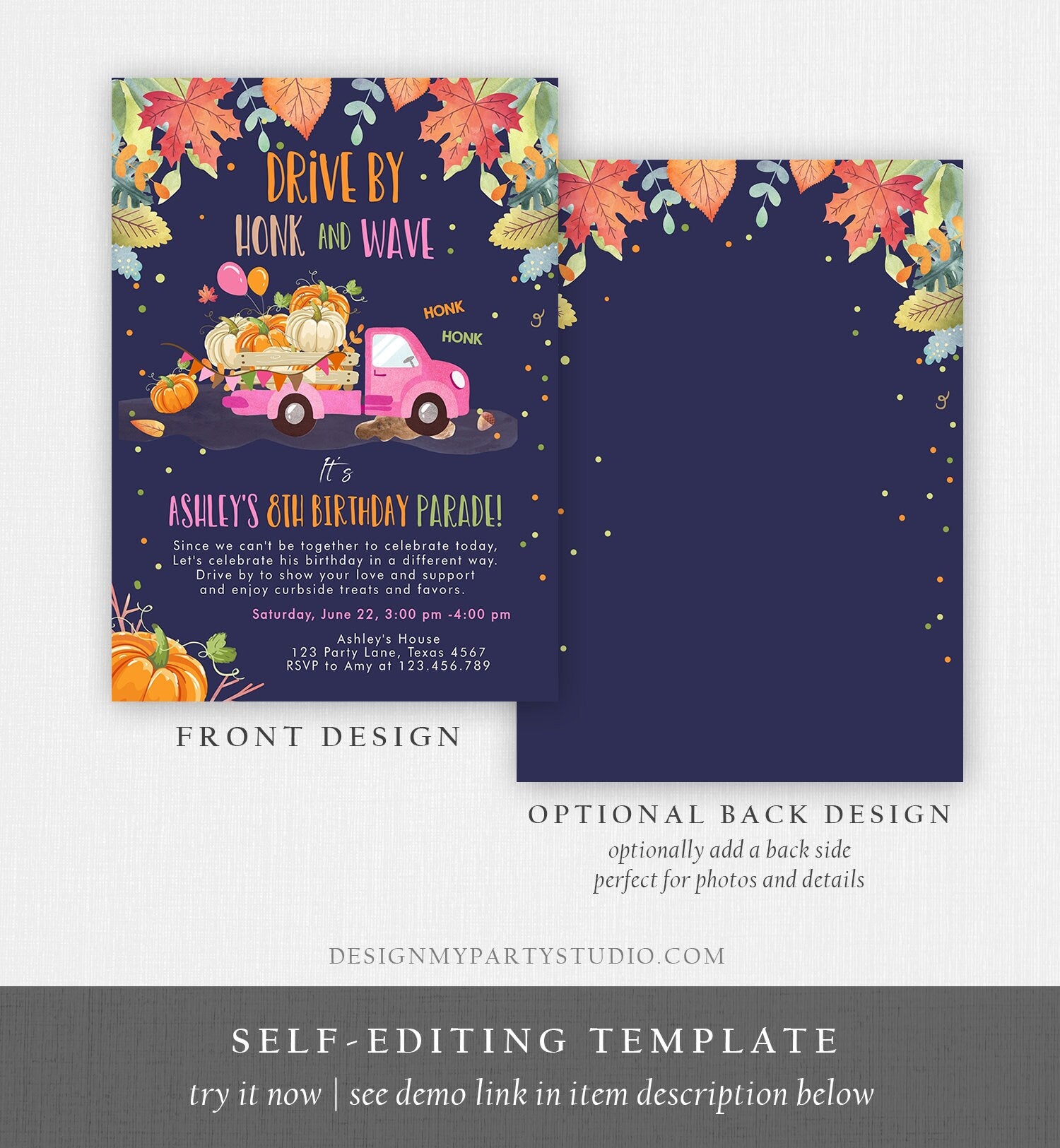Editable Pumpkin Truck Drive By Birthday Parade Invitation Virtual Party Invite Honk Car Drive Through Fall Girl Pink Download Corjl 0153