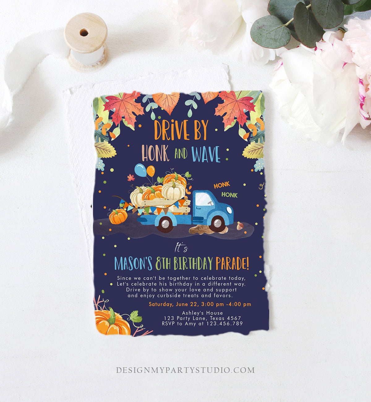 Editable Pumpkin Truck Drive By Birthday Parade Invitation Virtual Party Invite Honk Car Drive Through Fall Boy Blue Download Corjl 0153