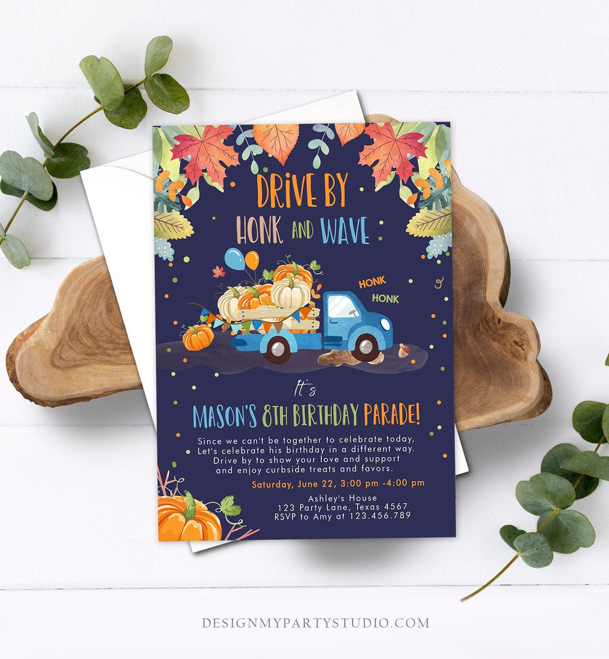 Editable Pumpkin Truck Drive By Birthday Parade Invitation Virtual Party Invite Honk Car Drive Through Fall Boy Blue Download Corjl 0153