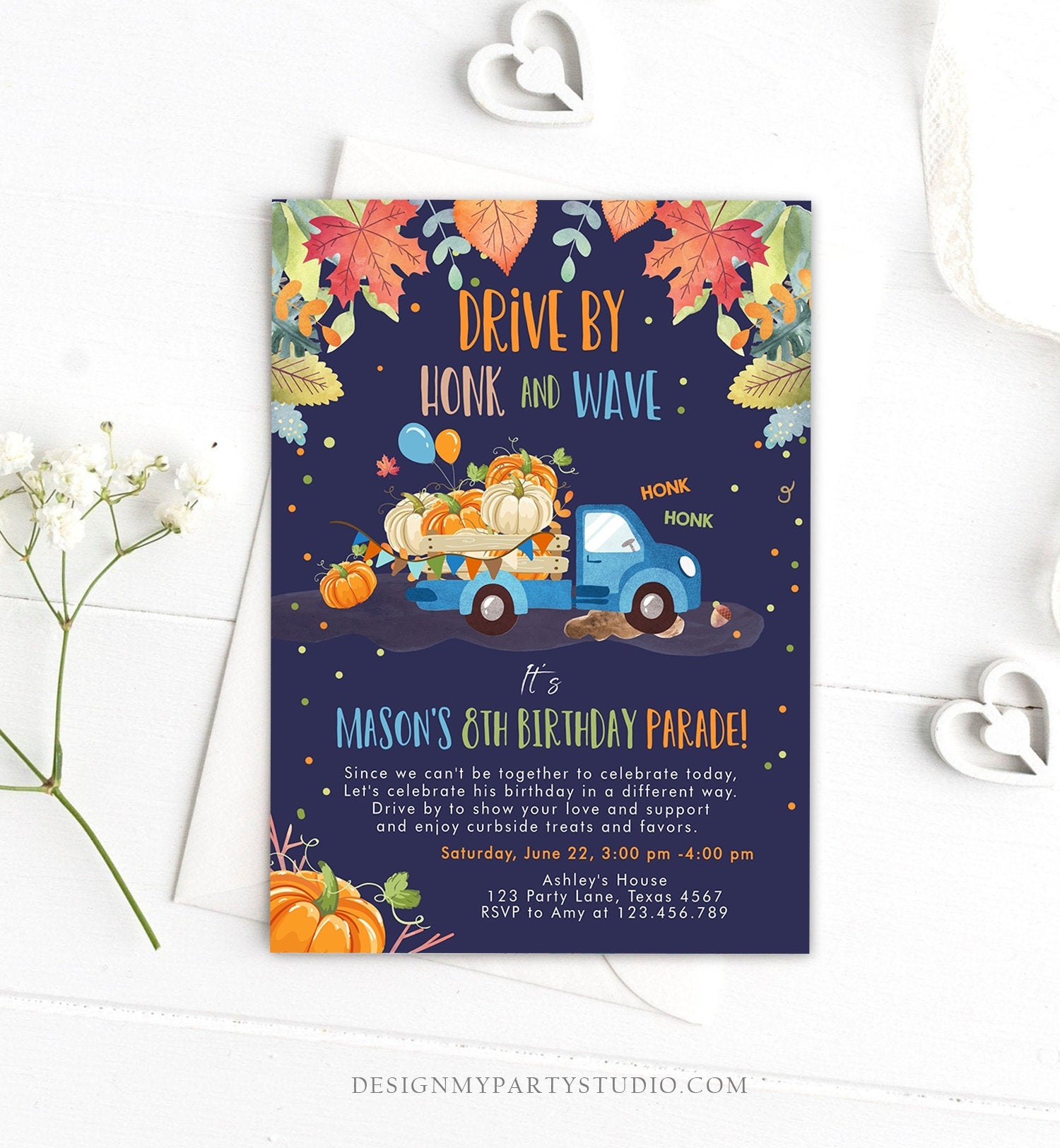 Editable Pumpkin Truck Drive By Birthday Parade Invitation Virtual Party Invite Honk Car Drive Through Fall Boy Blue Download Corjl 0153