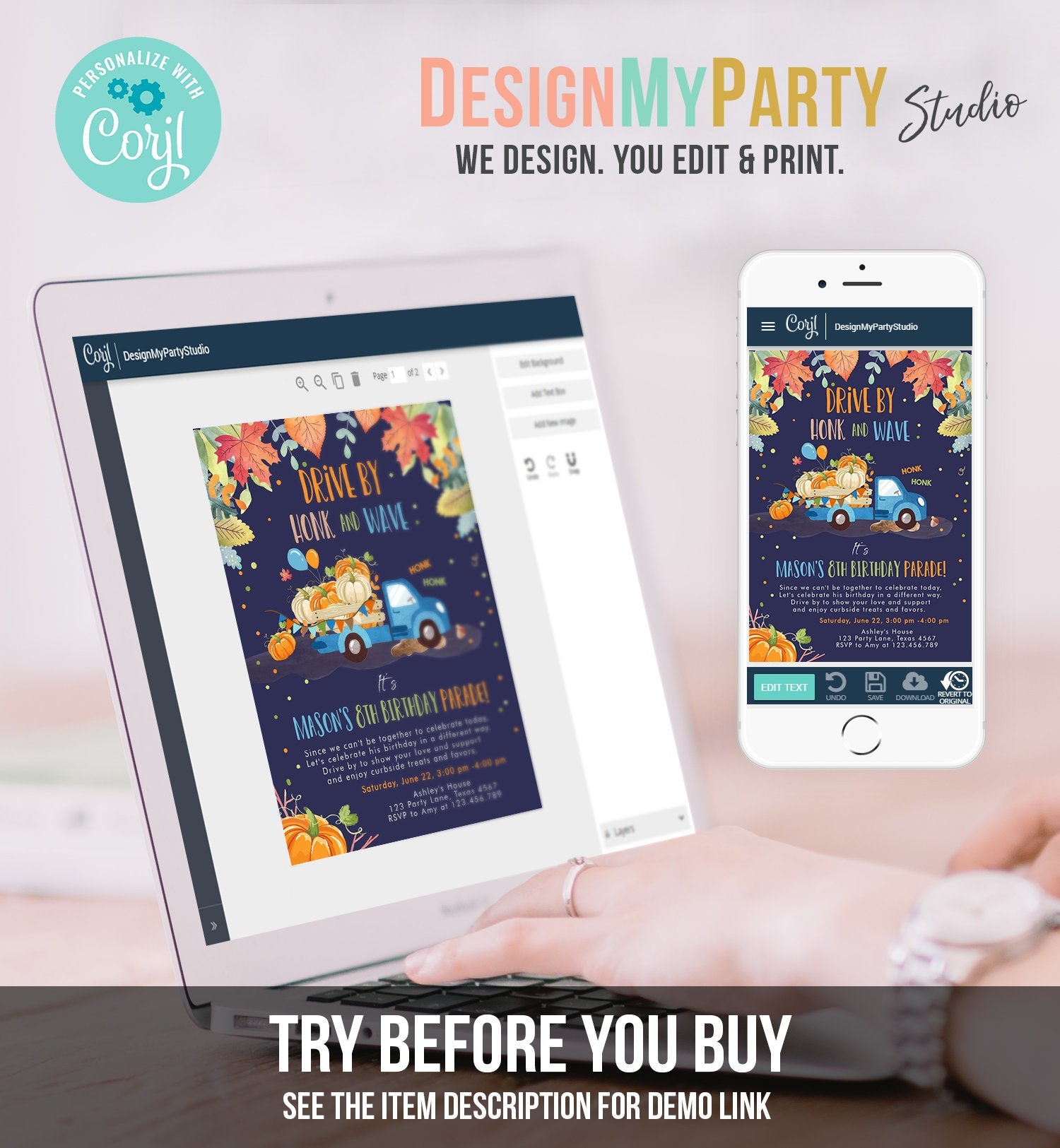 Editable Pumpkin Truck Drive By Birthday Parade Invitation Virtual Party Invite Honk Car Drive Through Fall Boy Blue Download Corjl 0153