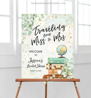 Editable Traveling From Miss to Mrs Welcome Sign Bridal Shower Map Adventure Love is a Journey Eucalyptus Greenery Corjl Template 0030