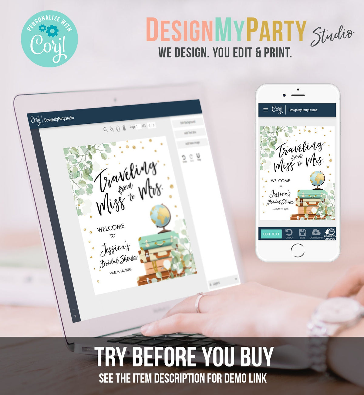 Editable Traveling From Miss to Mrs Welcome Sign Bridal Shower Map Adventure Love is a Journey Eucalyptus Greenery Corjl Template 0030