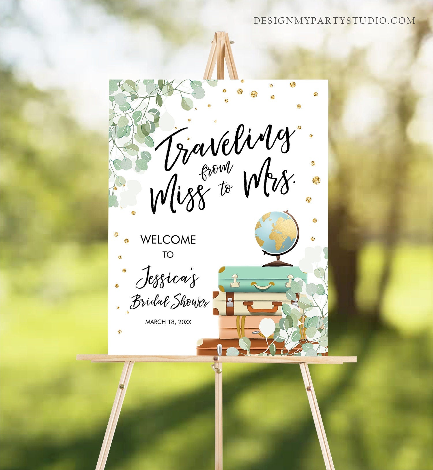 Editable Traveling From Miss to Mrs Welcome Sign Bridal Shower Map Adventure Love is a Journey Eucalyptus Greenery Corjl Template 0030