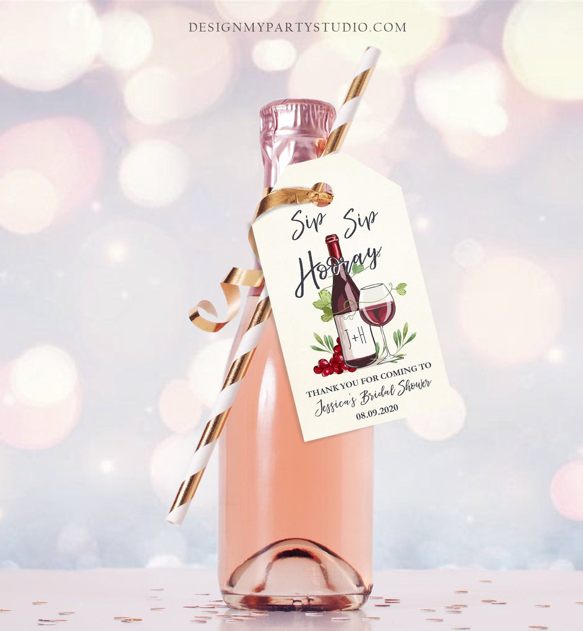 Editable Sip Sip Hooray Bridal Shower Favor Tags Thank You Tags Mini Wine Bottle Favor Wedding Wine Bridal Shower Rustic Corjl Template 0234