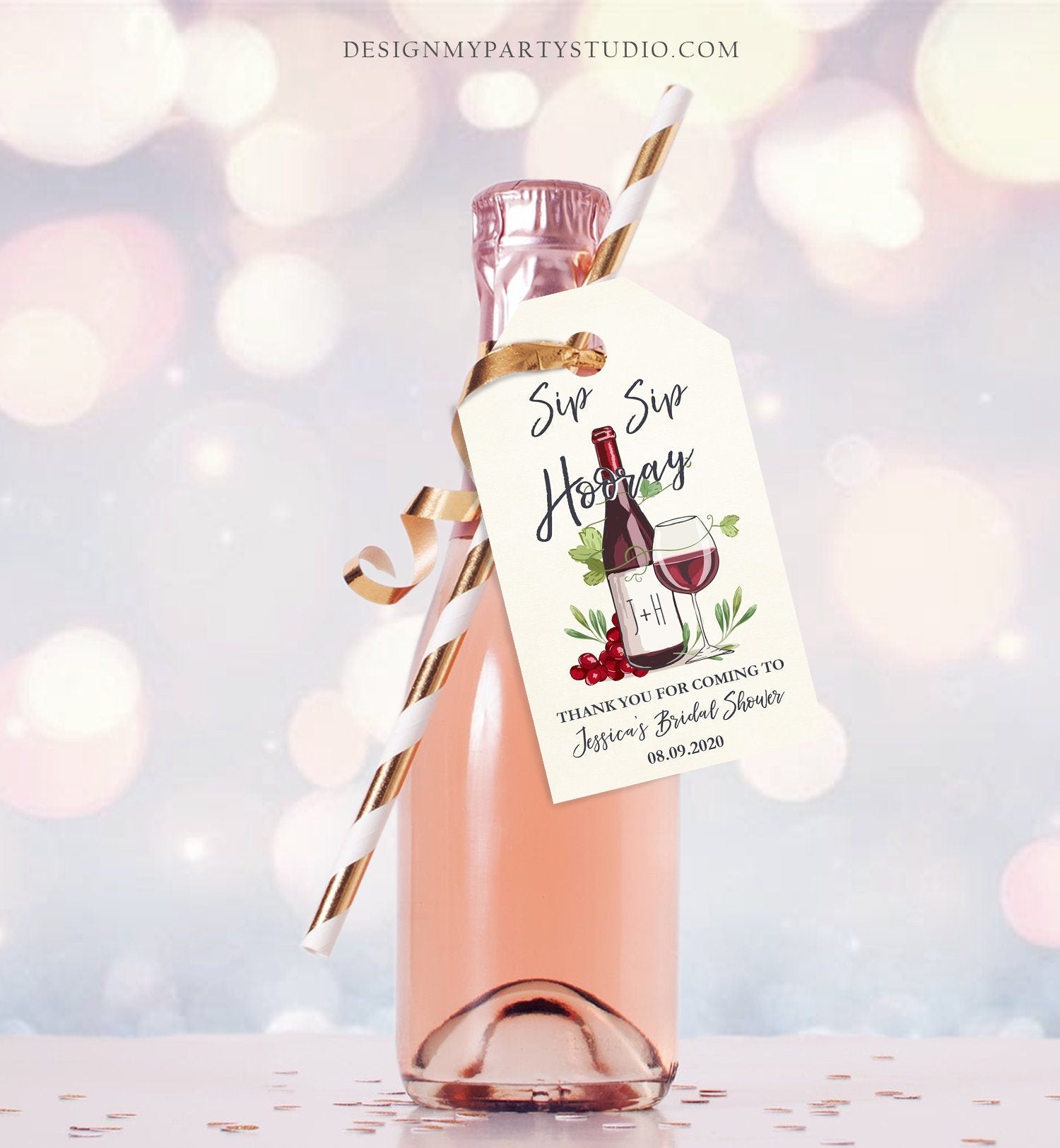 Editable Sip Sip Hooray Bridal Shower Favor Tags Thank You Tags Mini Wine Bottle Favor Wedding Wine Bridal Shower Rustic Corjl Template 0234