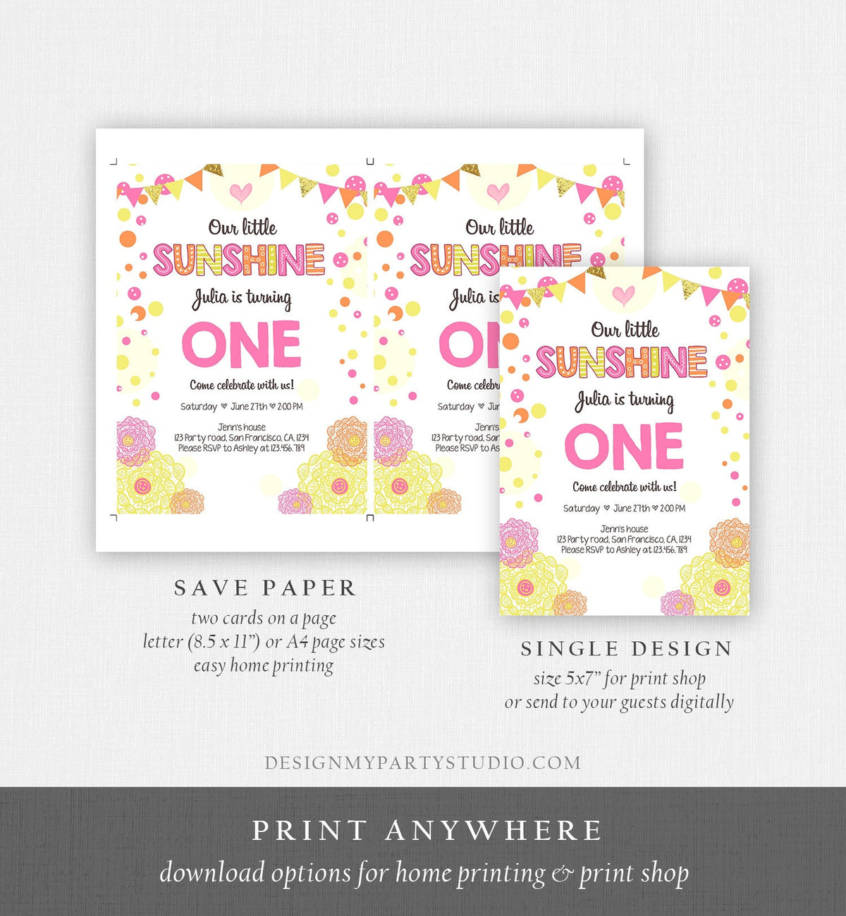 Editable Our Little Sunshine Birthday Invitation You Are My Sunshine First Birthday 1st Party Yellow Pink Girl Download Corjl Template 0239