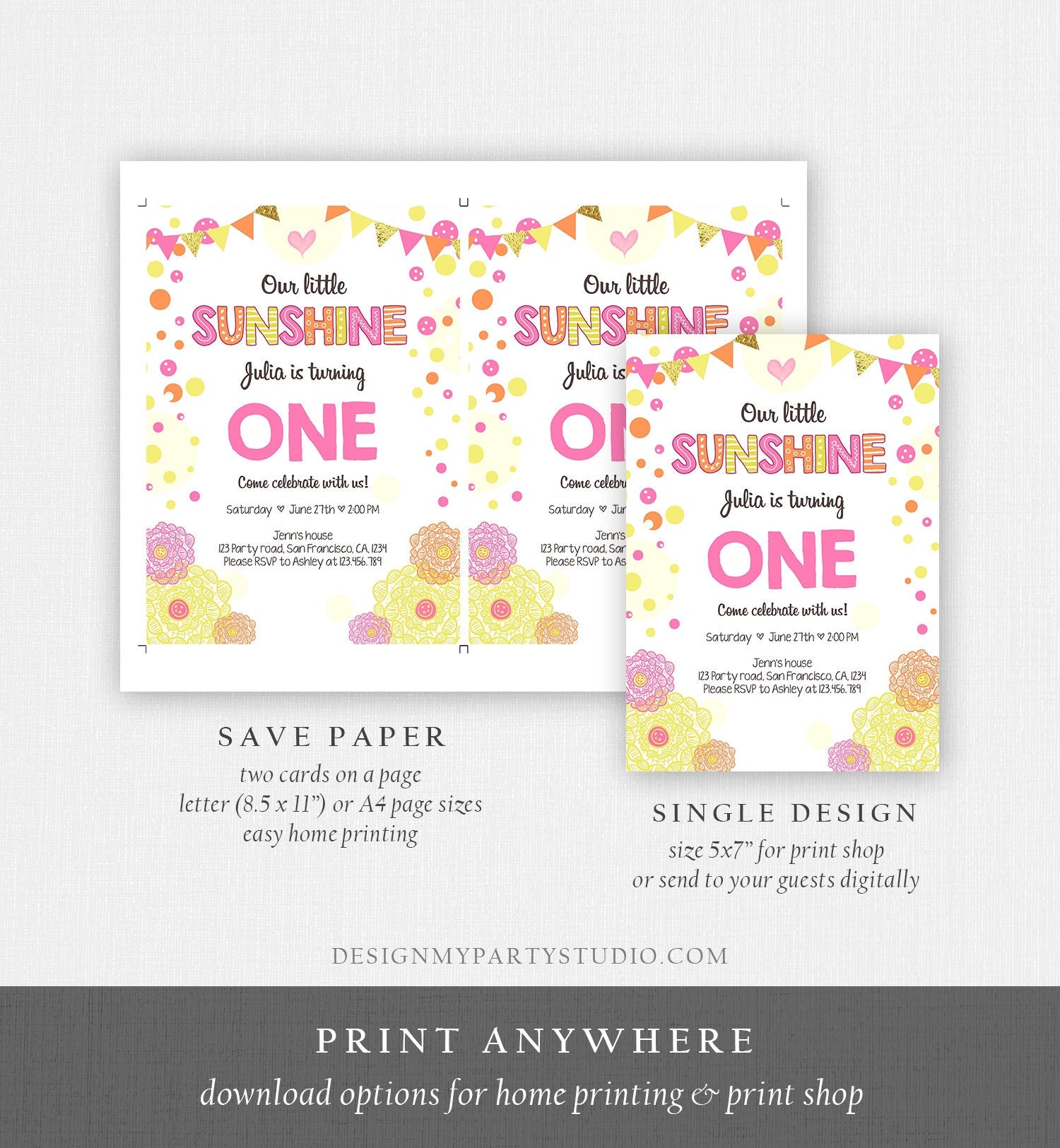 Editable Our Little Sunshine Birthday Invitation You Are My Sunshine First Birthday 1st Party Yellow Pink Girl Download Corjl Template 0239