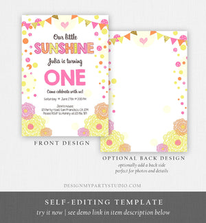 Editable Our Little Sunshine Birthday Invitation You Are My Sunshine First Birthday 1st Party Yellow Pink Girl Download Corjl Template 0239
