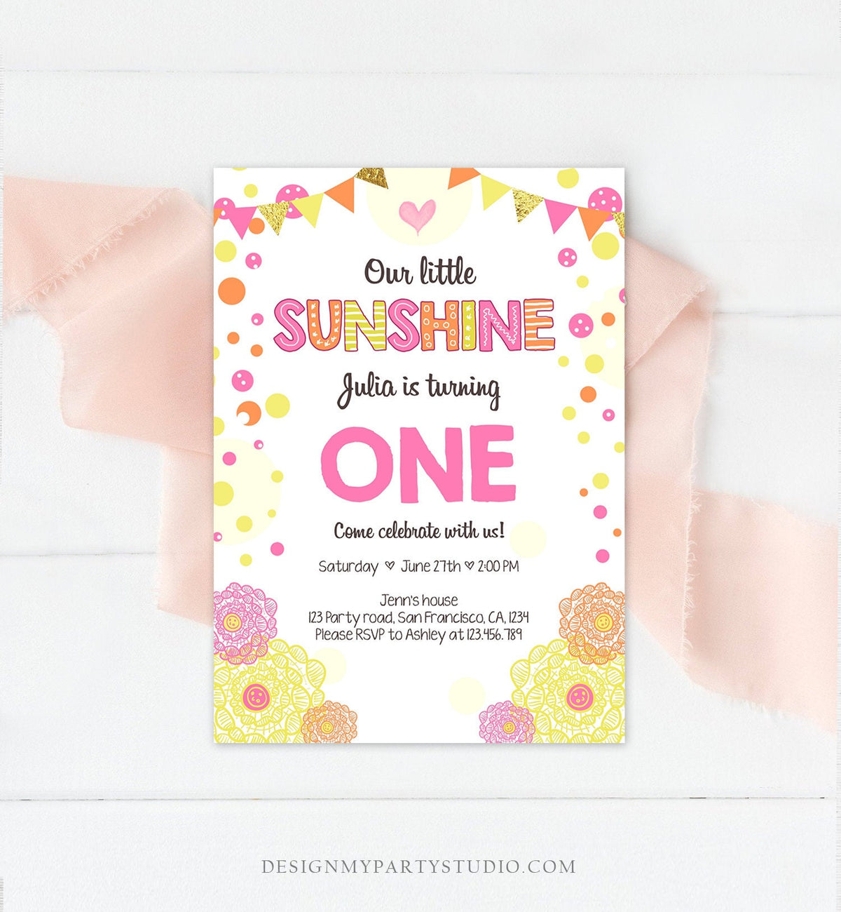 Editable Our Little Sunshine Birthday Invitation You Are My Sunshine First Birthday 1st Party Yellow Pink Girl Download Corjl Template 0239
