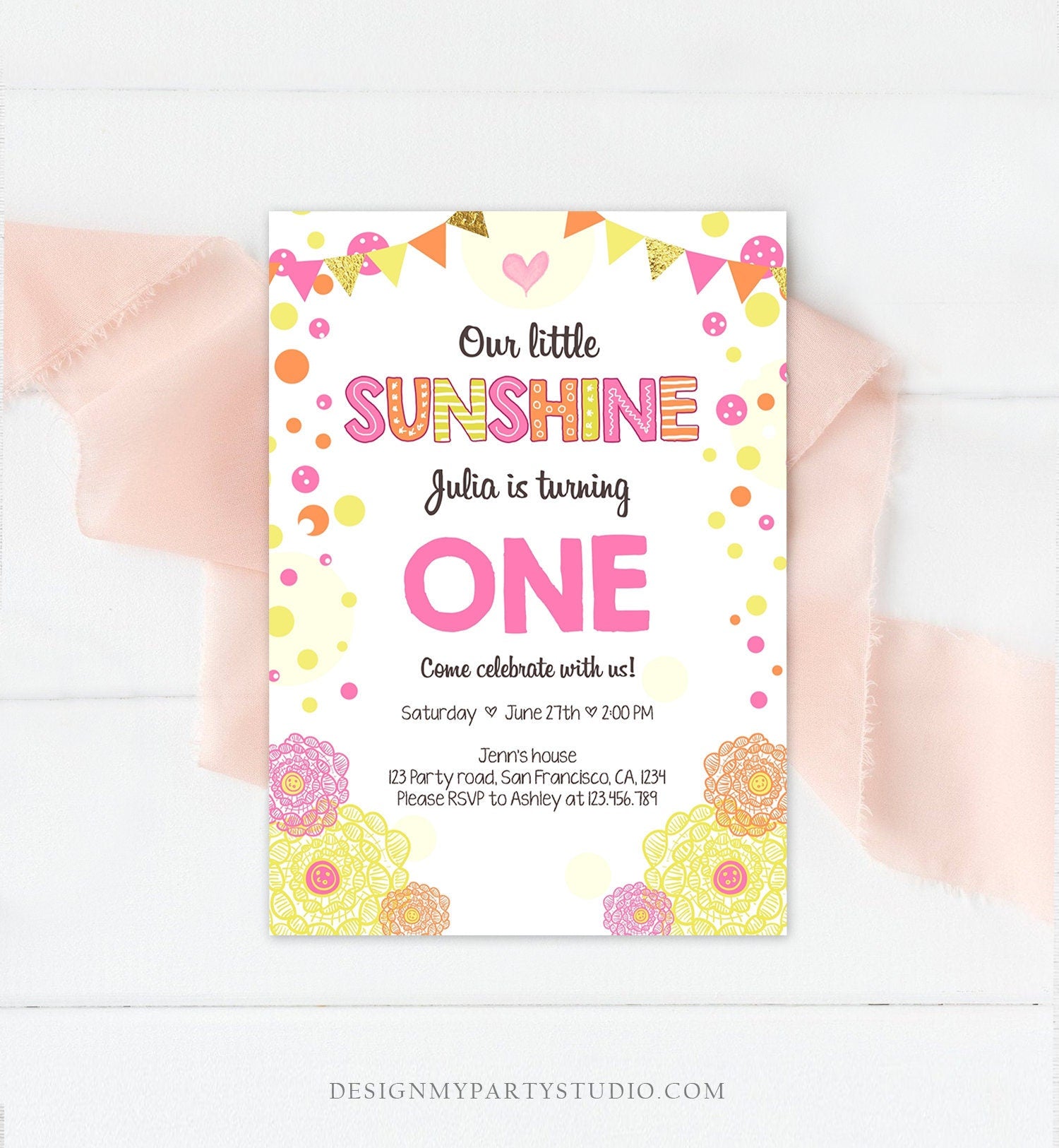 Editable Our Little Sunshine Birthday Invitation You Are My Sunshine First Birthday 1st Party Yellow Pink Girl Download Corjl Template 0239