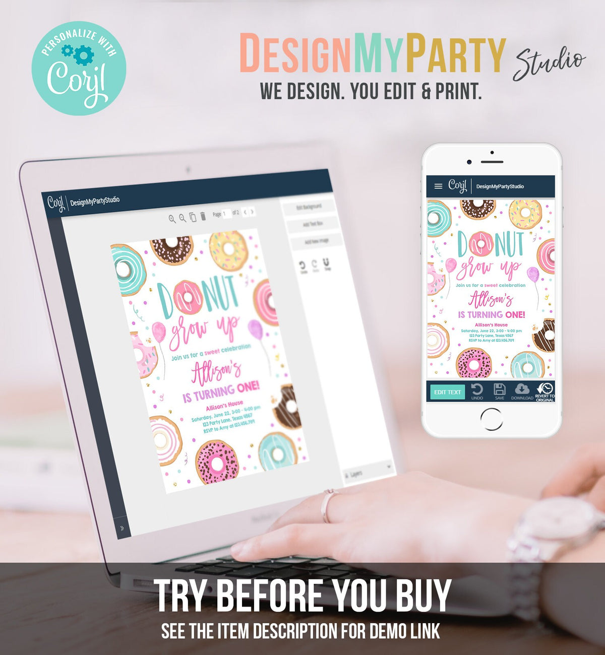 Editable Donut Grow Up Birthday Invitation First Birthday Party 1st Pink Gold Girl Doughnut Sweet One Download Corjl Template Printable 0343