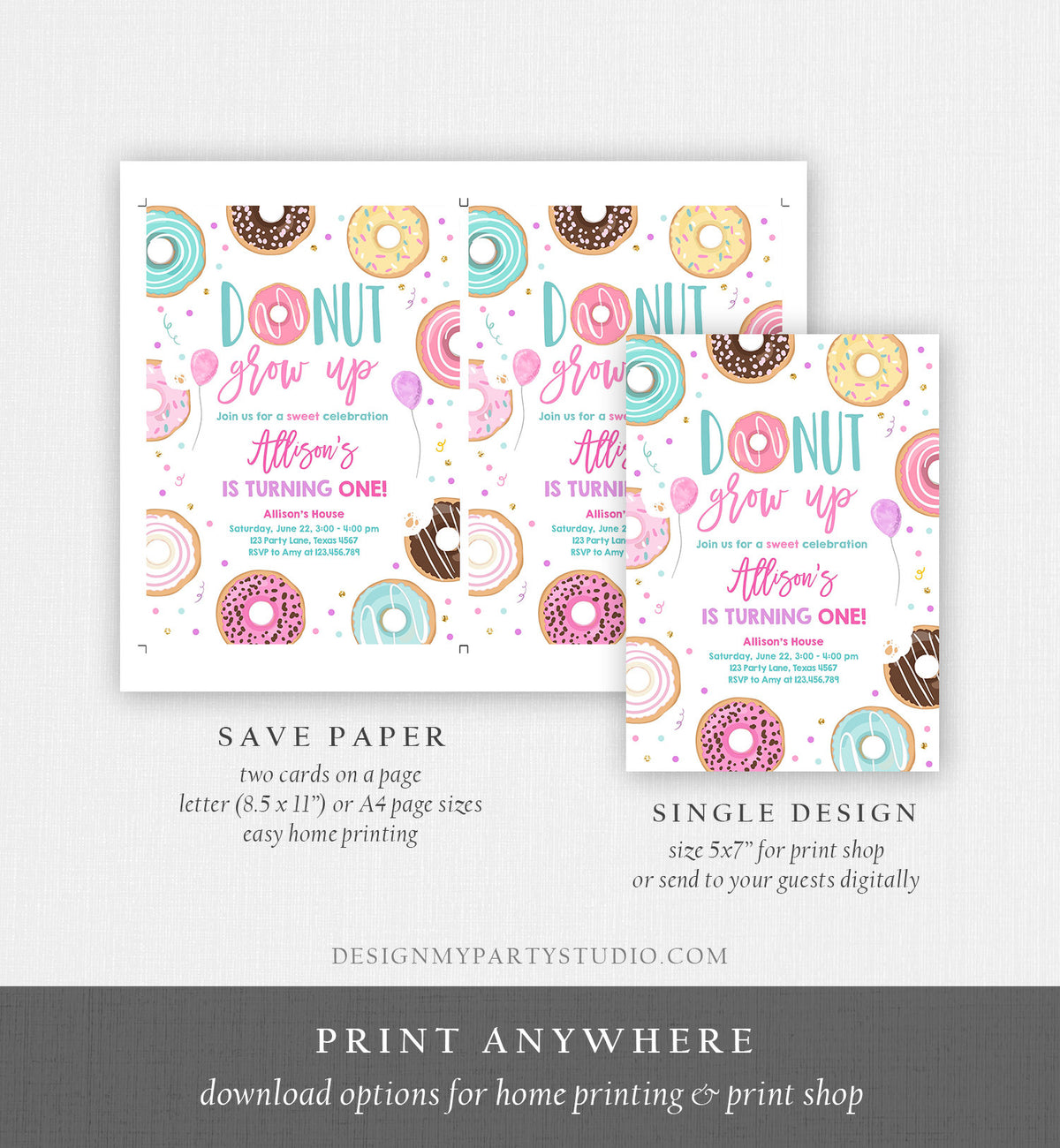 Editable Donut Grow Up Birthday Invitation First Birthday Party 1st Pink Gold Girl Doughnut Sweet One Download Corjl Template Printable 0343