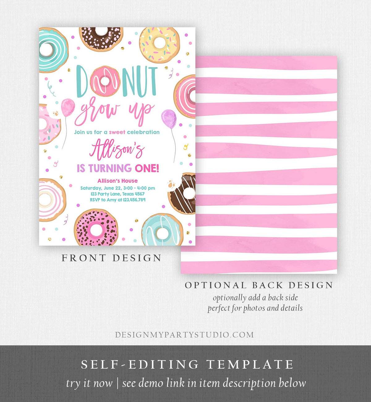 Editable Donut Grow Up Birthday Invitation First Birthday Party 1st Pink Gold Girl Doughnut Sweet One Download Corjl Template Printable 0343