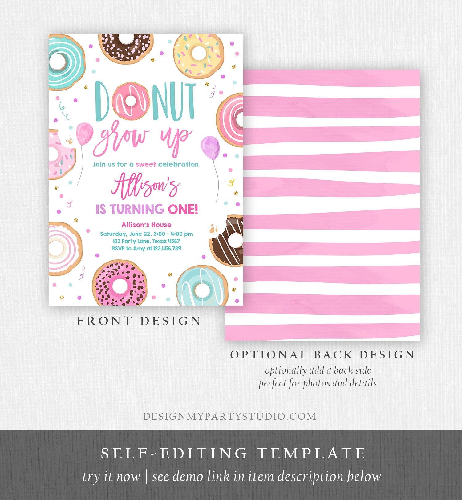 Editable Donut Grow Up Birthday Invitation First Birthday Party 1st Pink Gold Girl Doughnut Sweet One Download Corjl Template Printable 0343