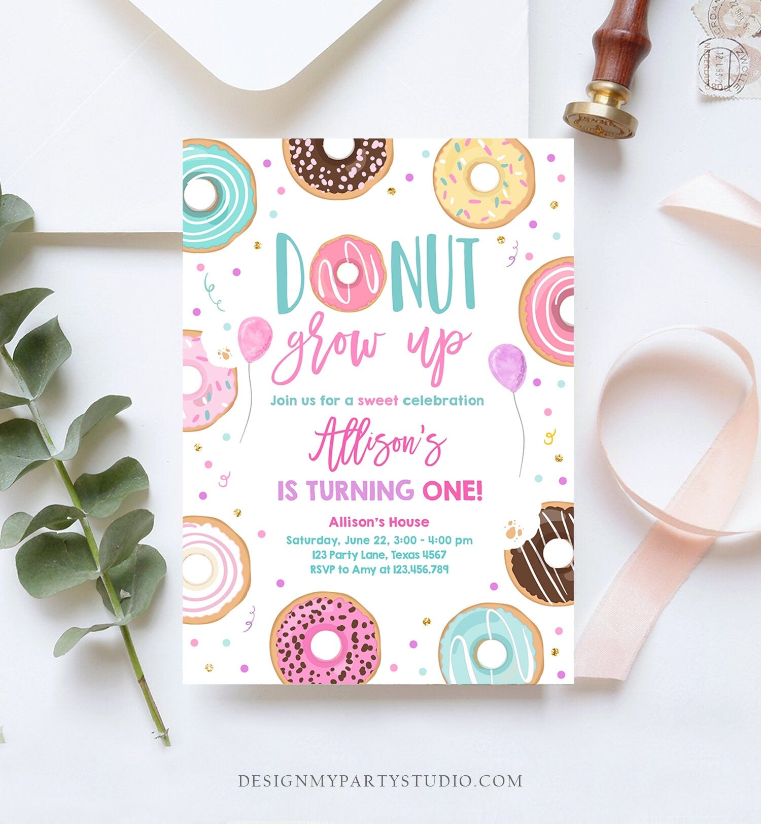 Editable Donut Grow Up Birthday Invitation First Birthday Party 1st Pink Gold Girl Doughnut Sweet One Download Corjl Template Printable 0343