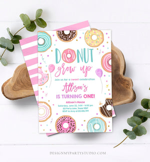 Editable Donut Grow Up Birthday Invitation First Birthday Party 1st Pink Gold Girl Doughnut Sweet One Download Corjl Template Printable 0343