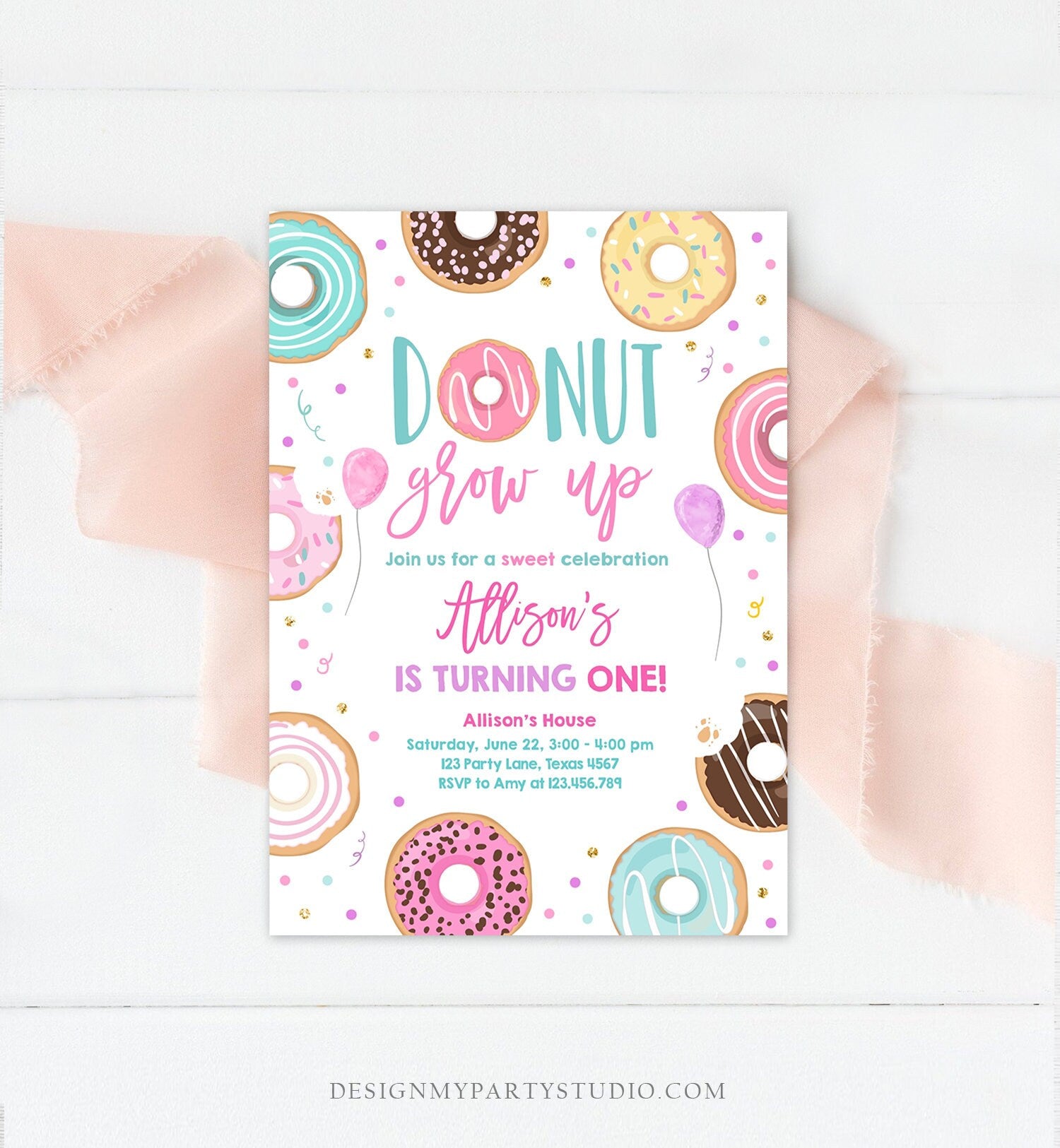 Editable Donut Grow Up Birthday Invitation First Birthday Party 1st Pi - Design My Party Studio for Donut Grow Up Free Printable