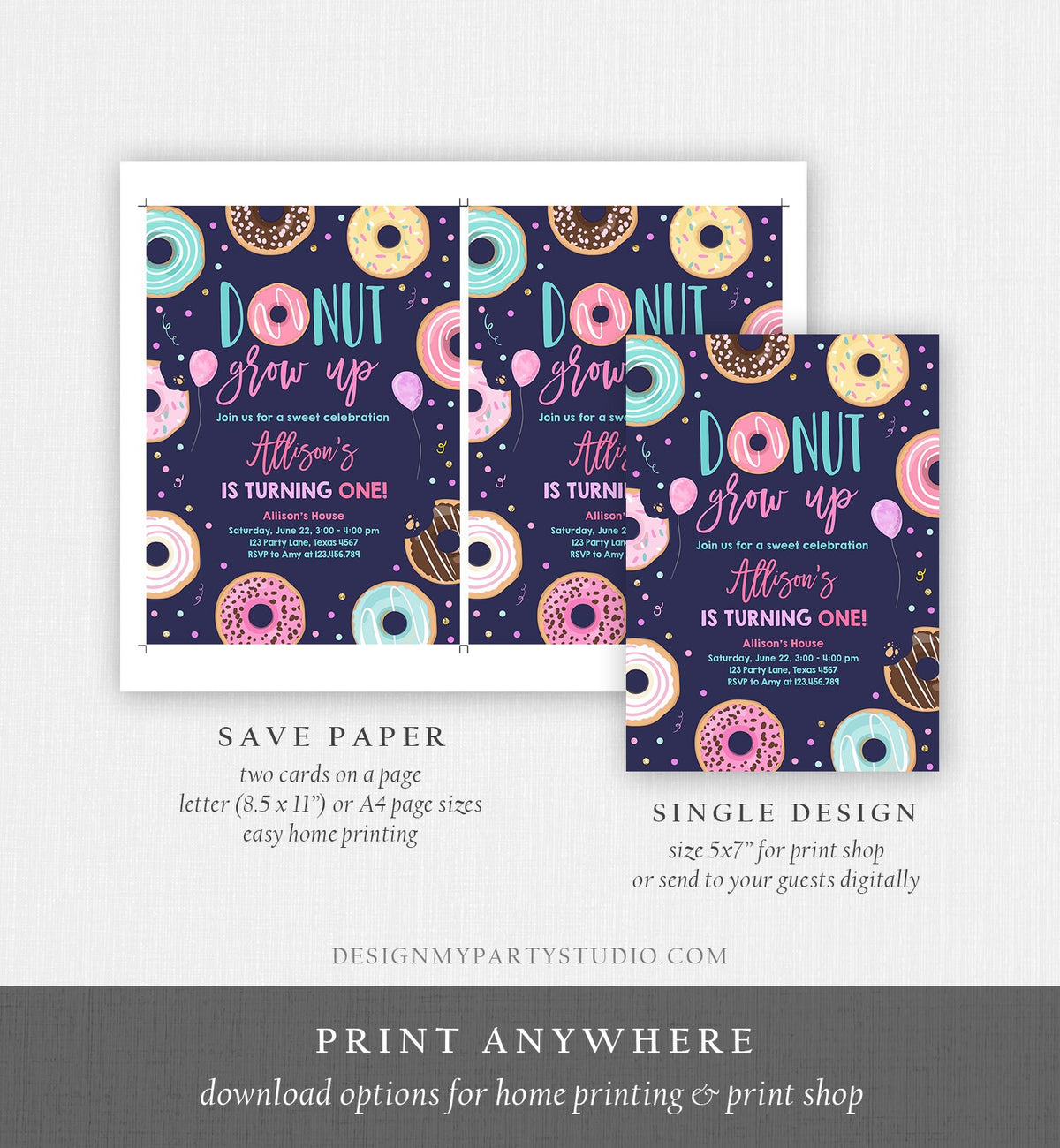 Editable Donut Grow Up Birthday Invitation First Birthday Party 1st Pink Gold Girl Doughnut Sweet One Download Corjl Template Printable 0343