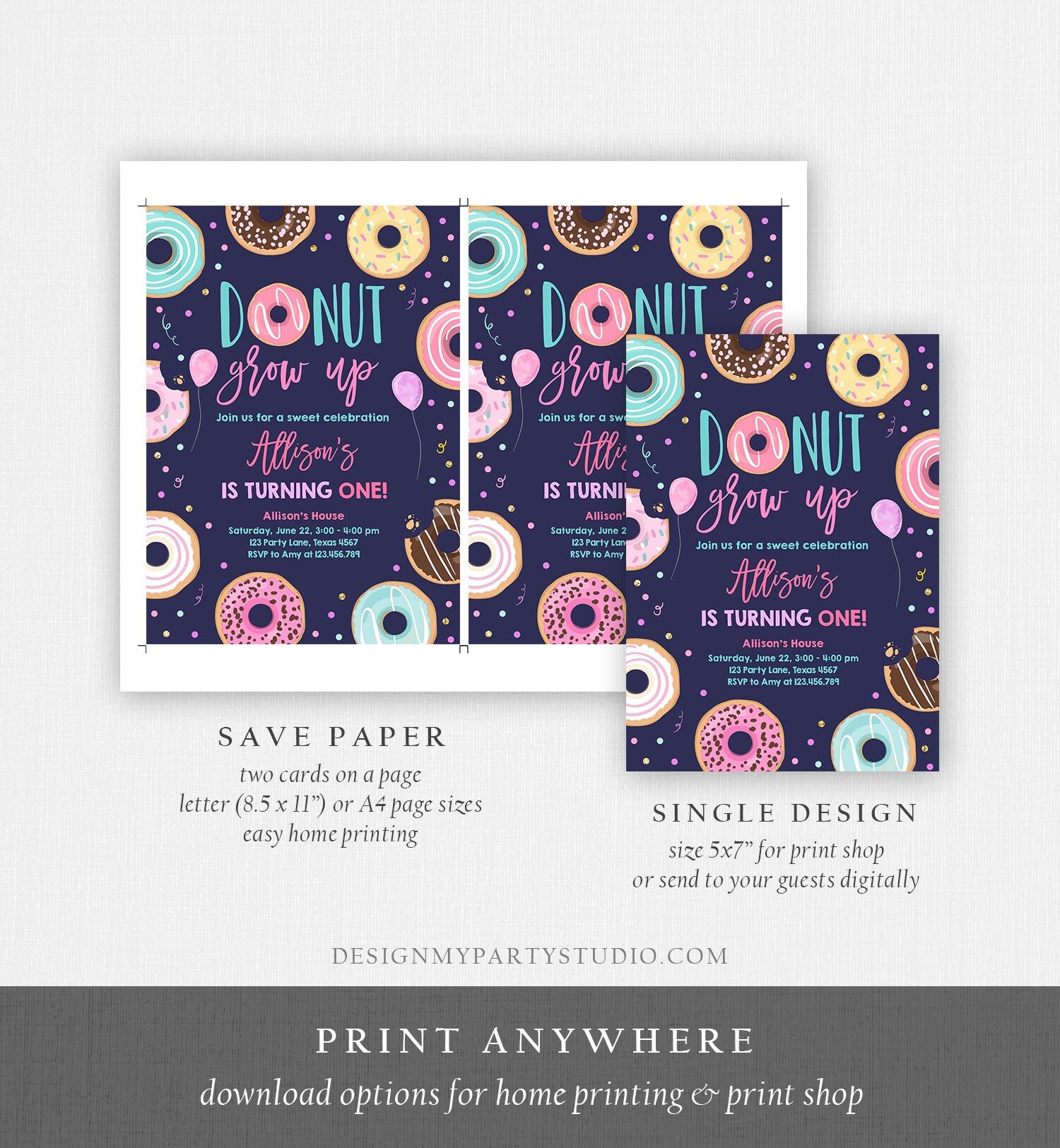 Editable Donut Grow Up Birthday Invitation First Birthday Party 1st Pink Gold Girl Doughnut Sweet One Download Corjl Template Printable 0343