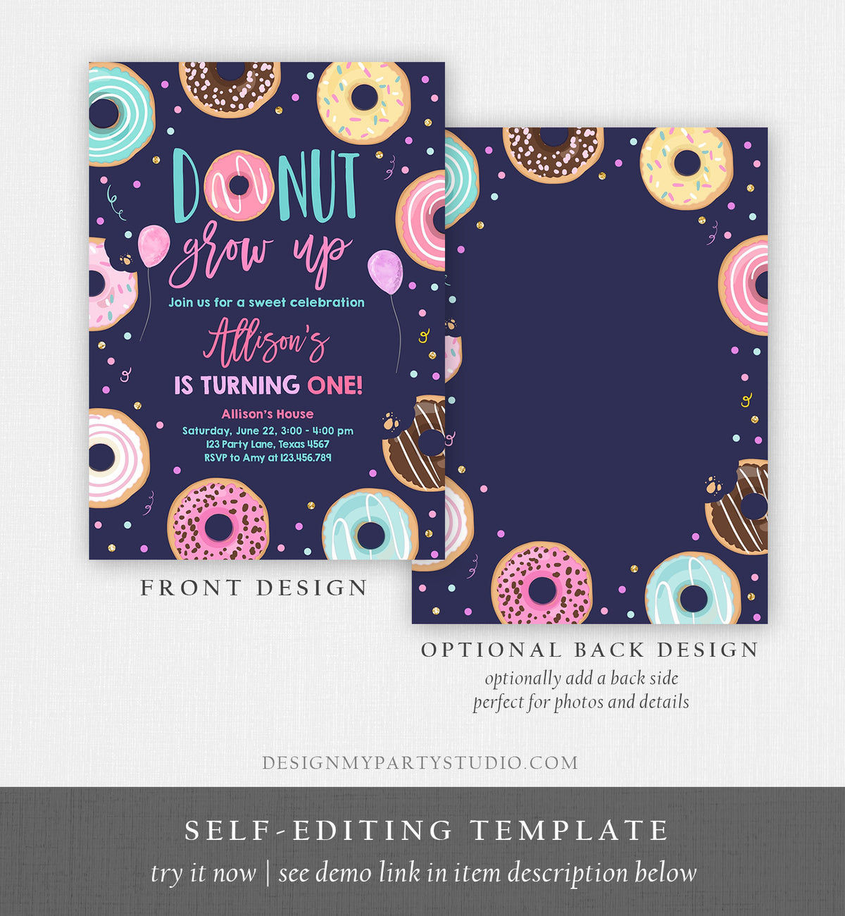 Editable Donut Grow Up Birthday Invitation First Birthday Party 1st Pink Gold Girl Doughnut Sweet One Download Corjl Template Printable 0343