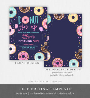 Editable Donut Grow Up Birthday Invitation First Birthday Party 1st Pink Gold Girl Doughnut Sweet One Download Corjl Template Printable 0343