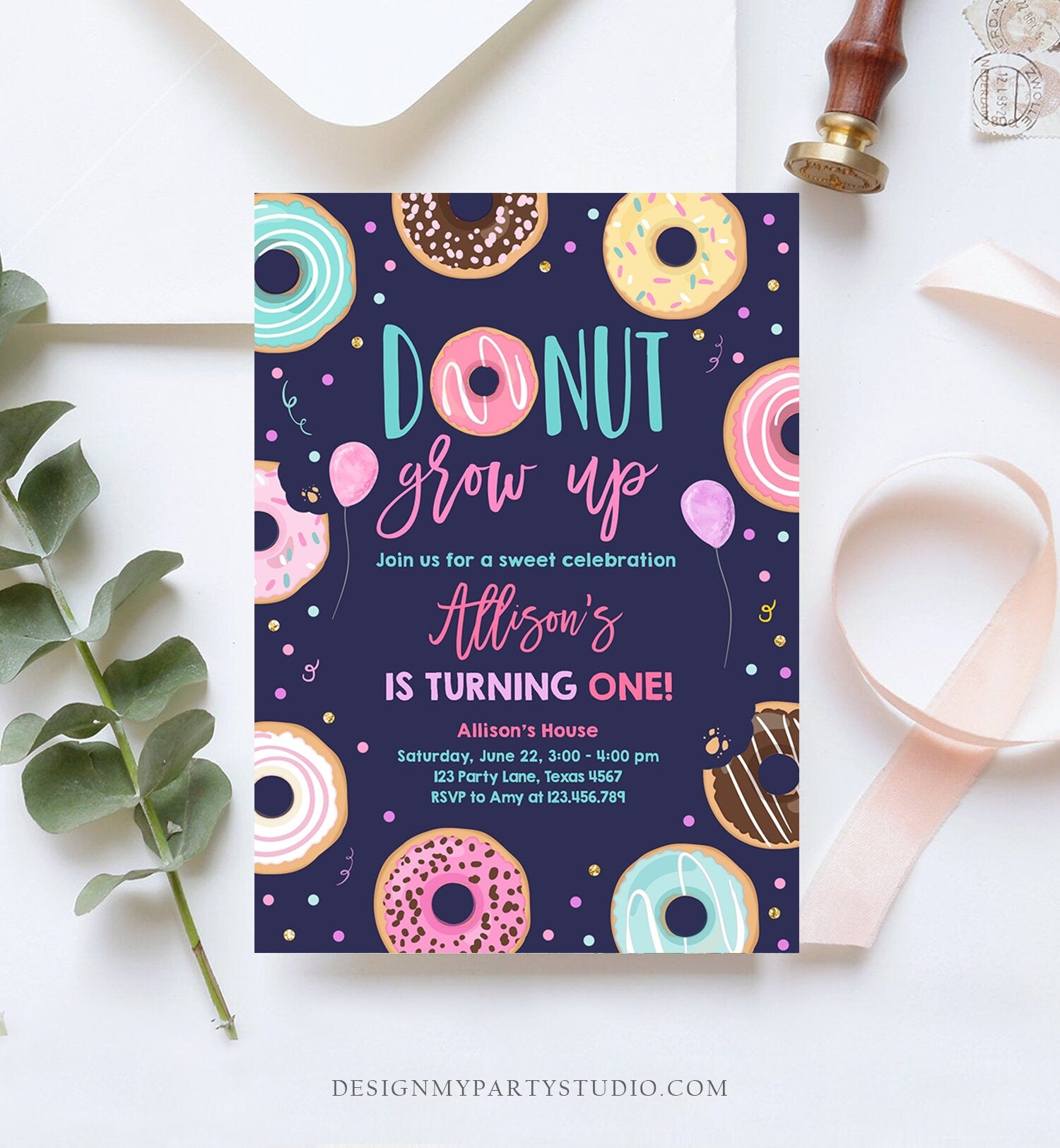 Editable Donut Grow Up Birthday Invitation First Birthday Party 1st Pink Gold Girl Doughnut Sweet One Download Corjl Template Printable 0343