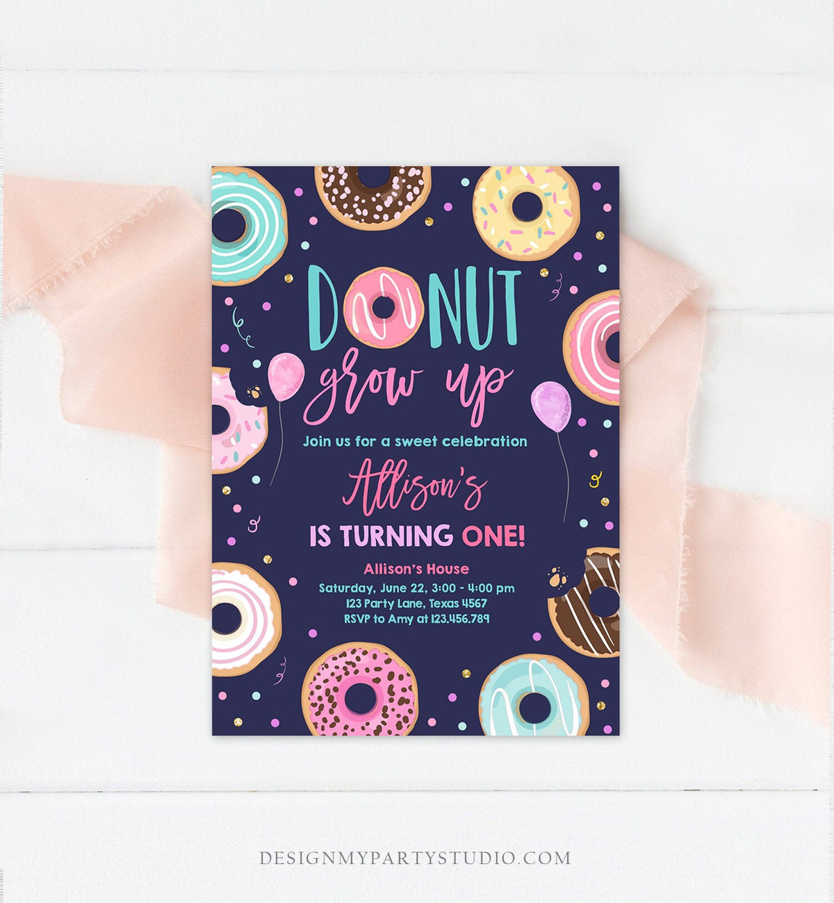 Editable Donut Grow Up Birthday Invitation First Birthday Party 1st Pink Gold Girl Doughnut Sweet One Download Corjl Template Printable 0343