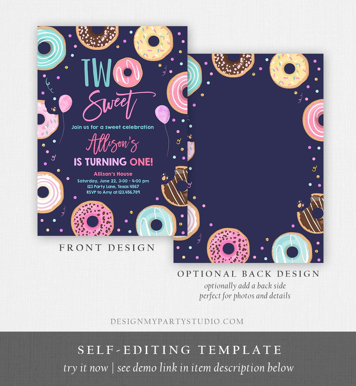 Editable Donut Two Sweet Birthday Invitation Second Birthday Party 2nd Pink Gold Girl Doughnut Pastel Download Corjl Template Printable 0343