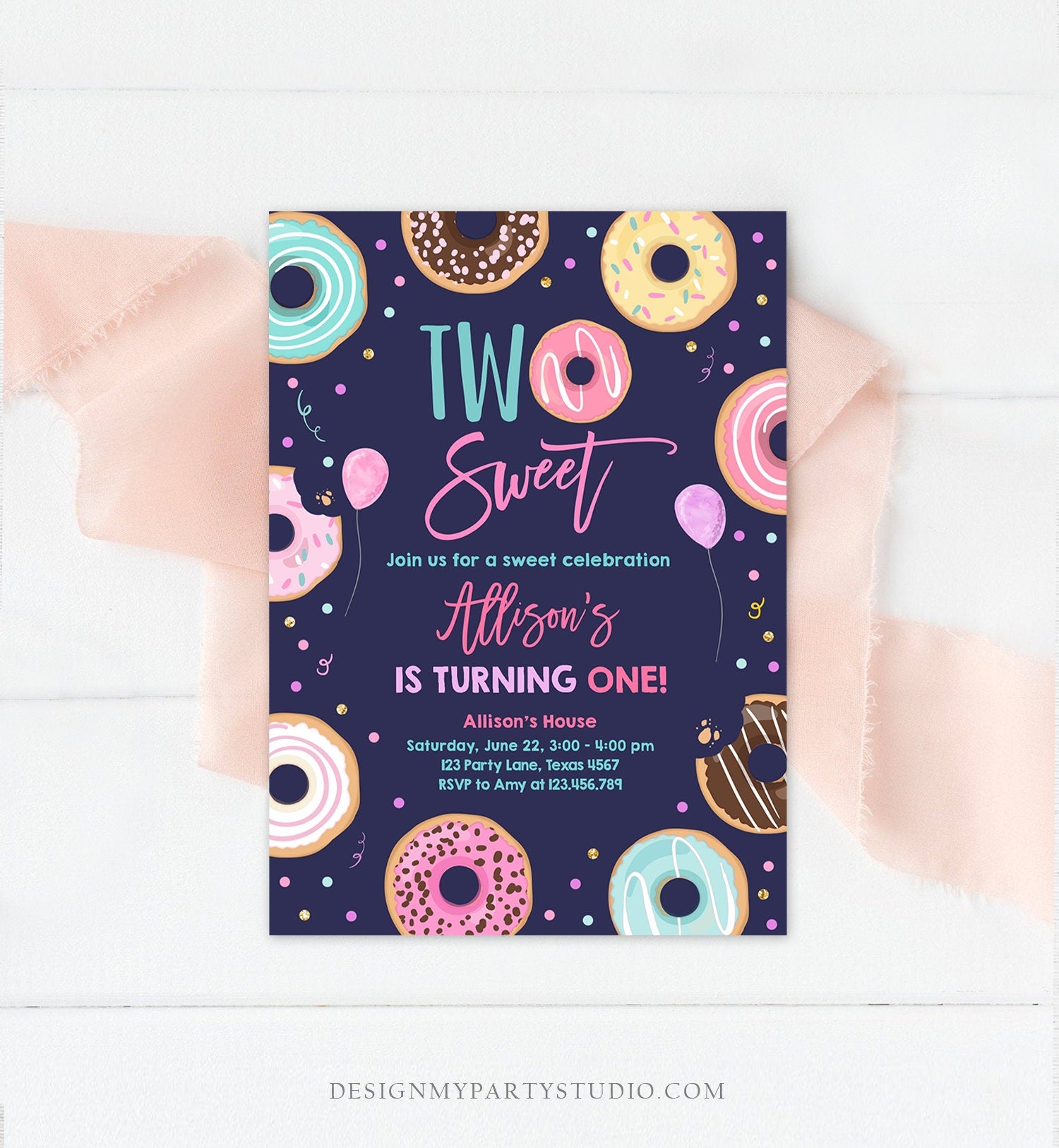 Editable Donut Two Sweet Birthday Invitation Second Birthday Party 2nd Pink Gold Girl Doughnut Pastel Download Corjl Template Printable 0343