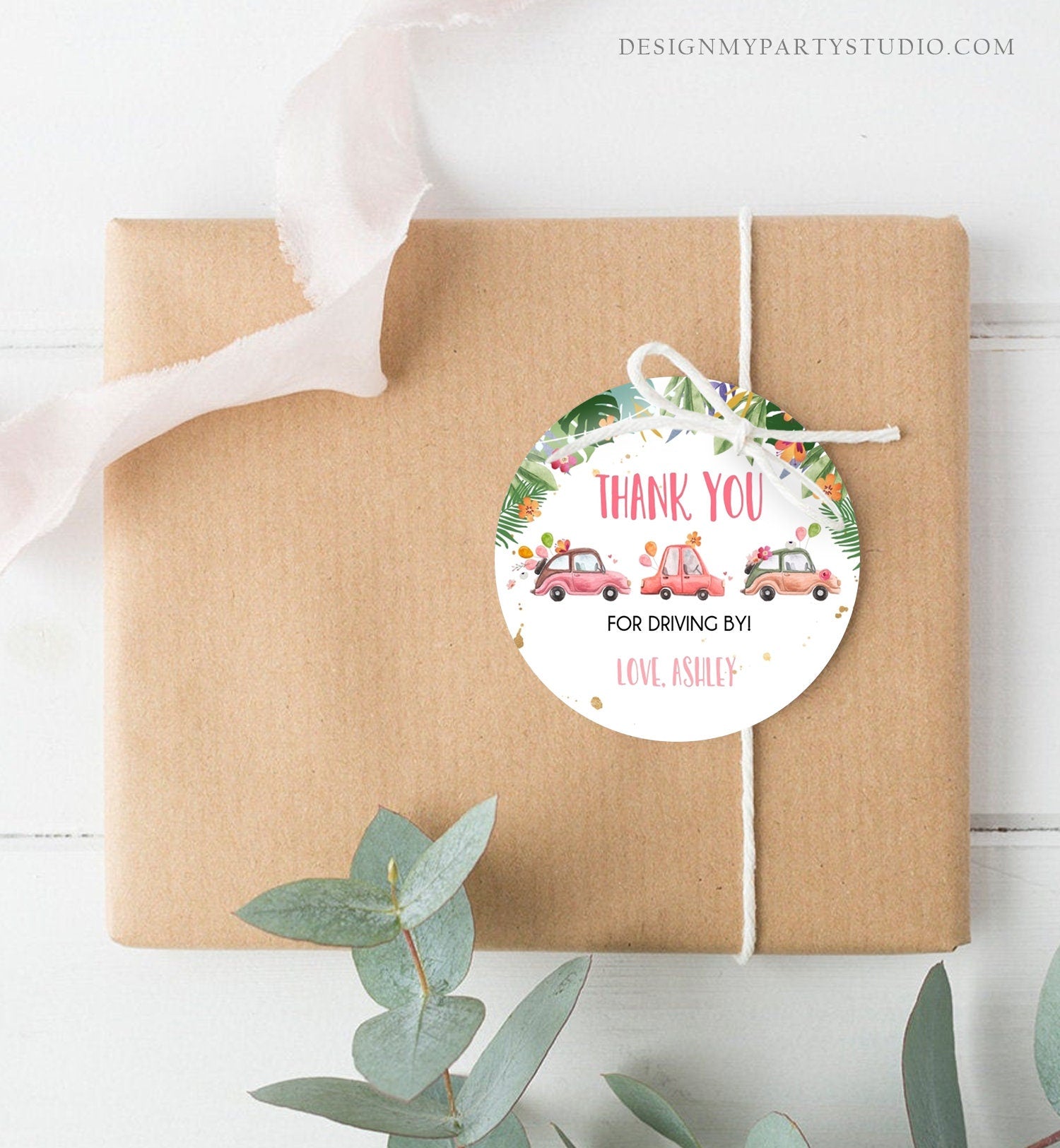 Editable Drive By Favor Tag Thank You Driving By Baby Shower Birthday Parade Gift Tags Quarantine Pink Tropical Car Girl Corjl Template 0335
